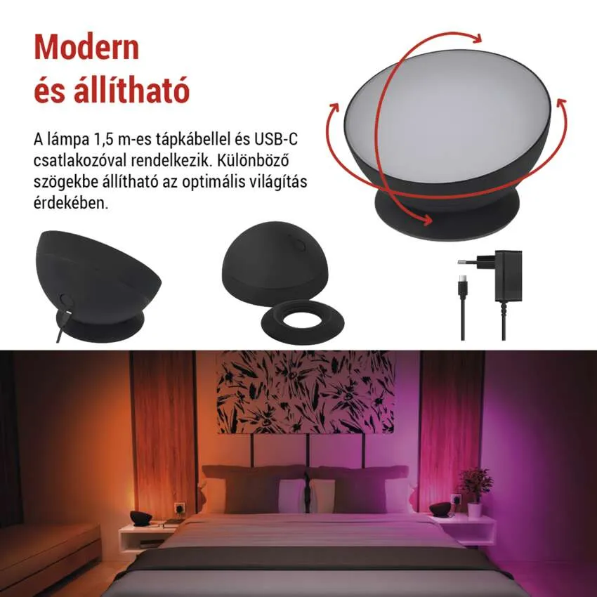 Modern fekete lámpa állítható világítással és kiegészítő elemekkel.