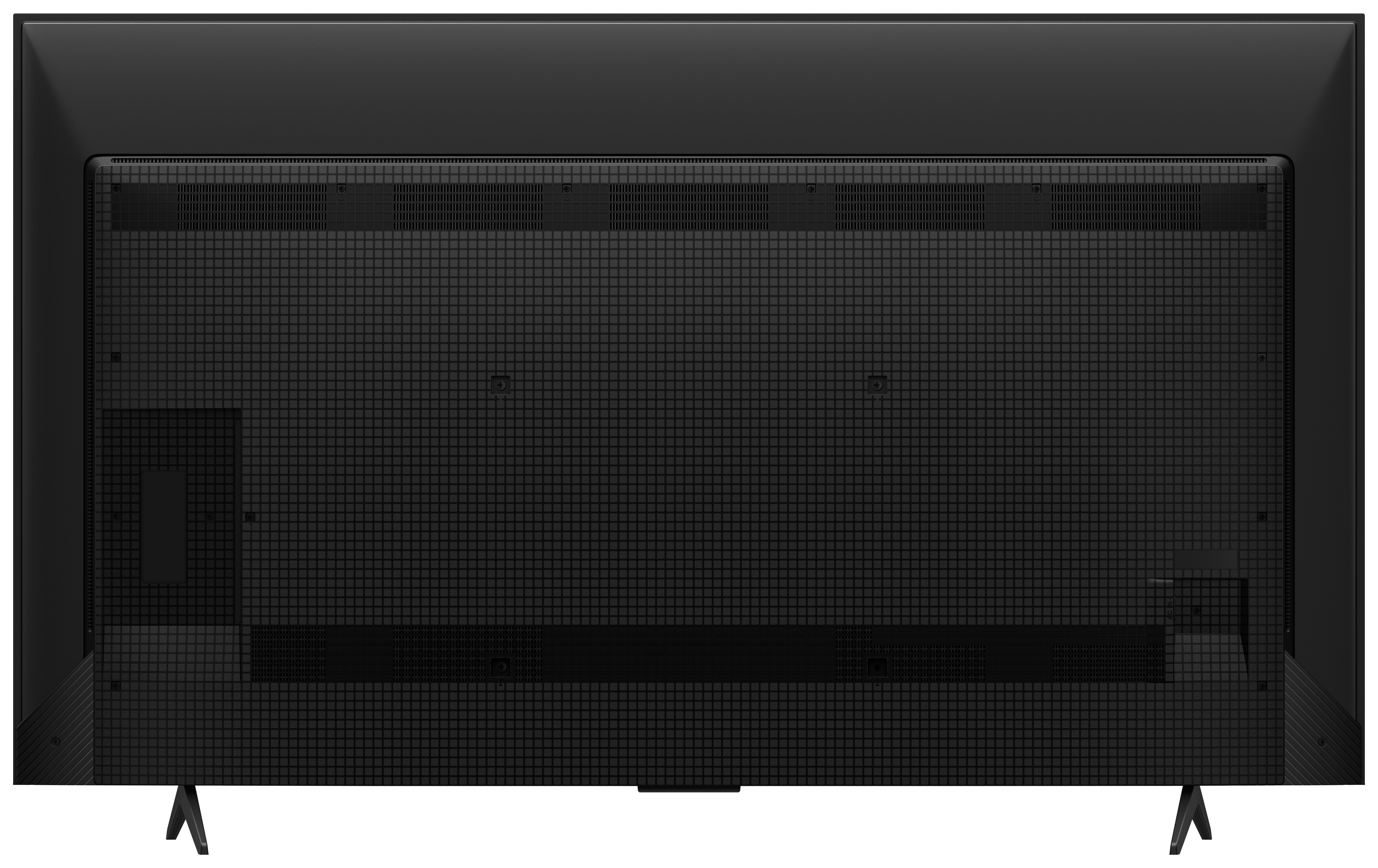 Widok z tyłu czarnego telewizora z wzorem w kratkę i dwoma nogami.