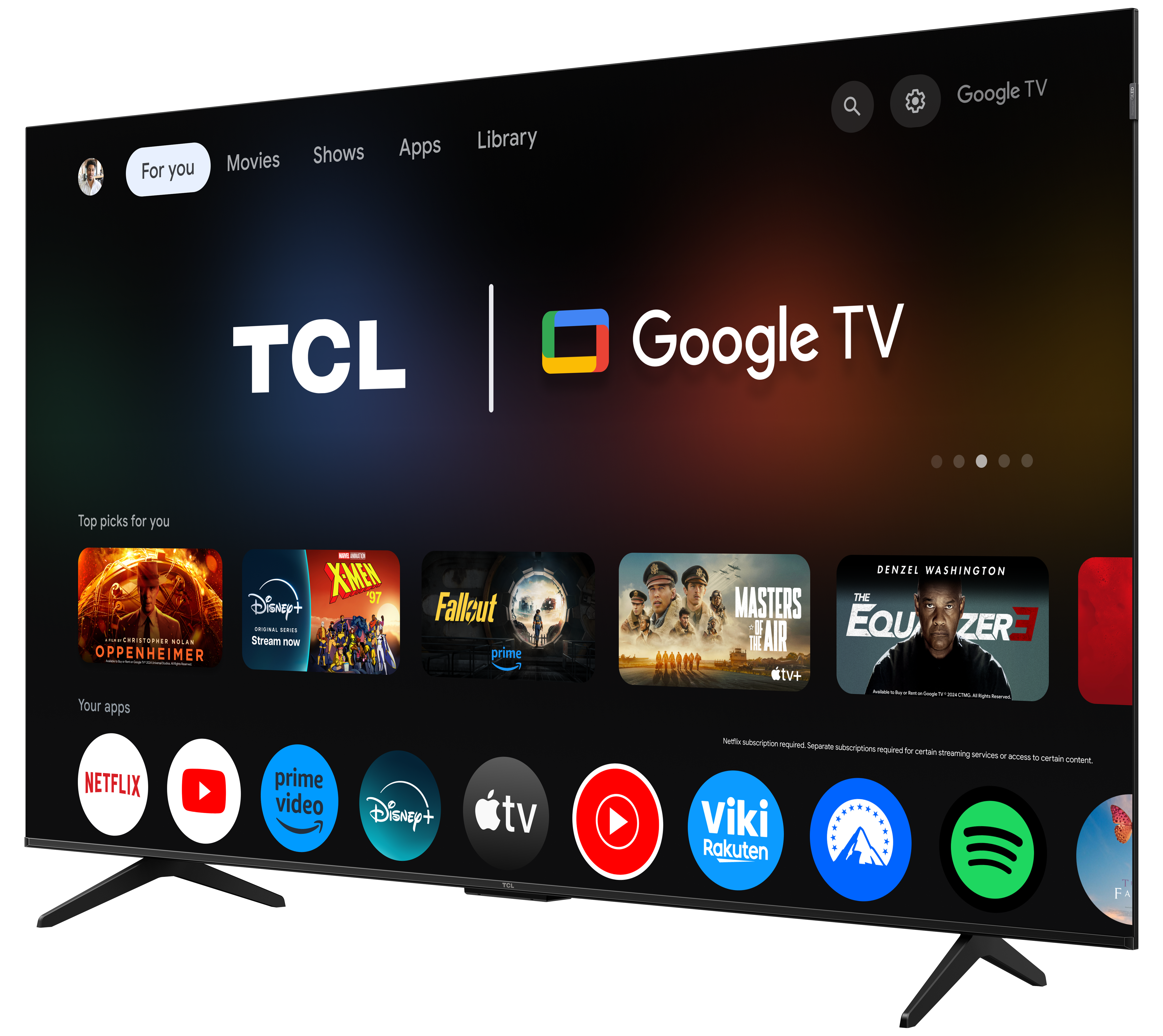 Telewizor TCL QLED 65 cali z dużym niebiesko-złotym kwiatem na ekranie.