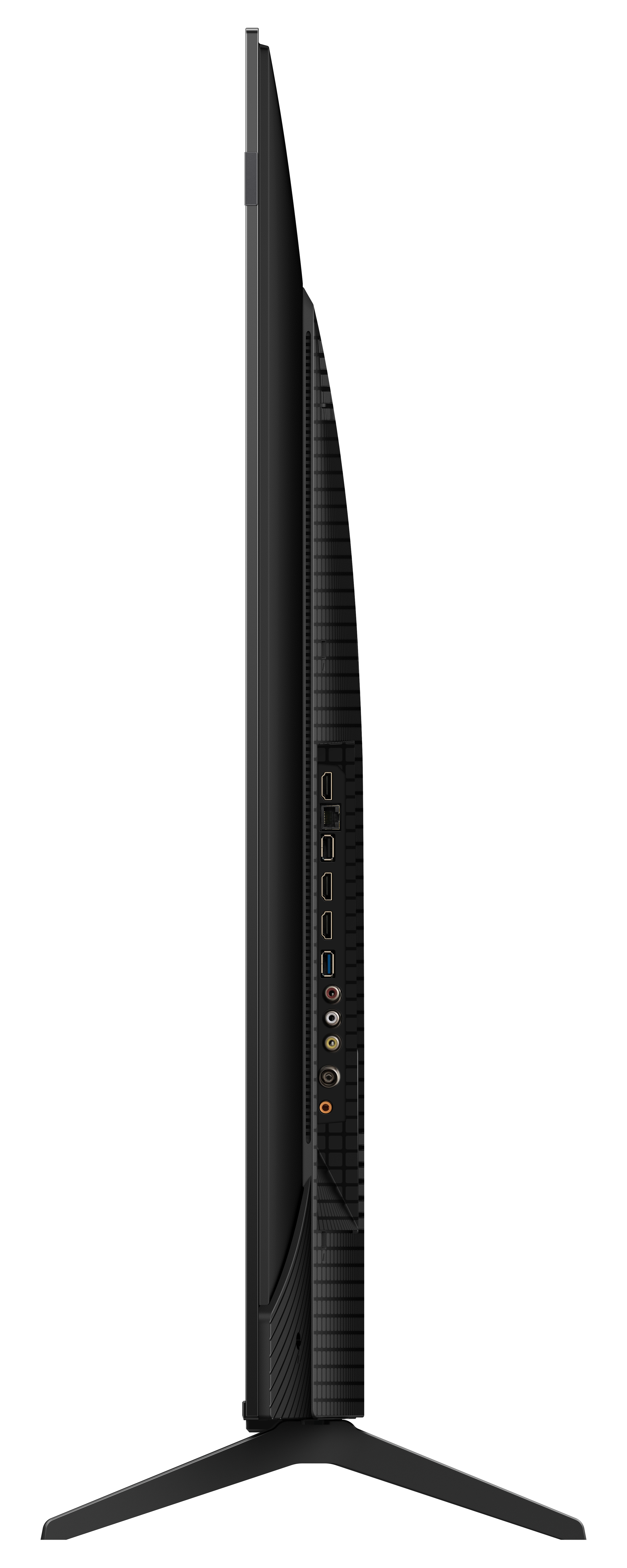 Widok z boku telewizora, czarny, z portami i podstawą. Czarna ramka.