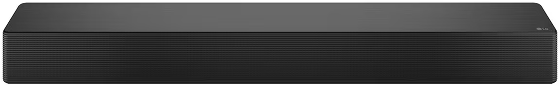 Fekete soundbar. Vízszintes vonalai és LG logója van.