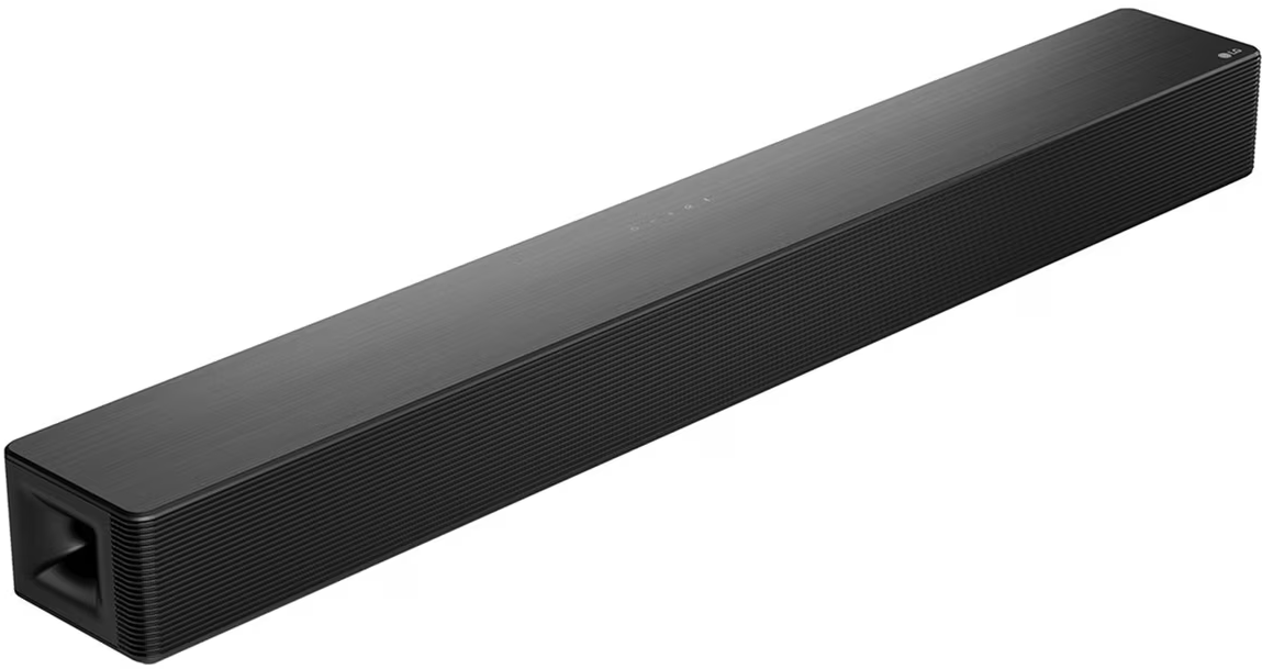Fekete soundbar, téglalap alakú, hangszóró ráccsal.