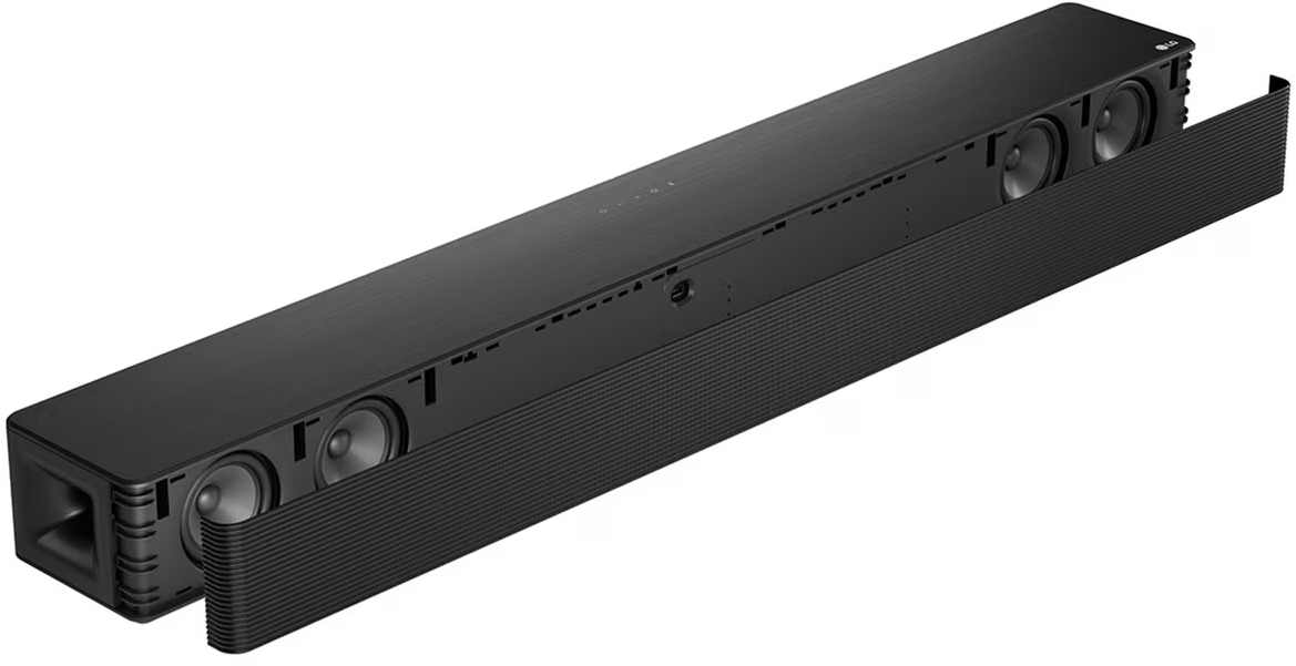 Fekete soundbar belső hangszórókkal, rács eltávolítva.