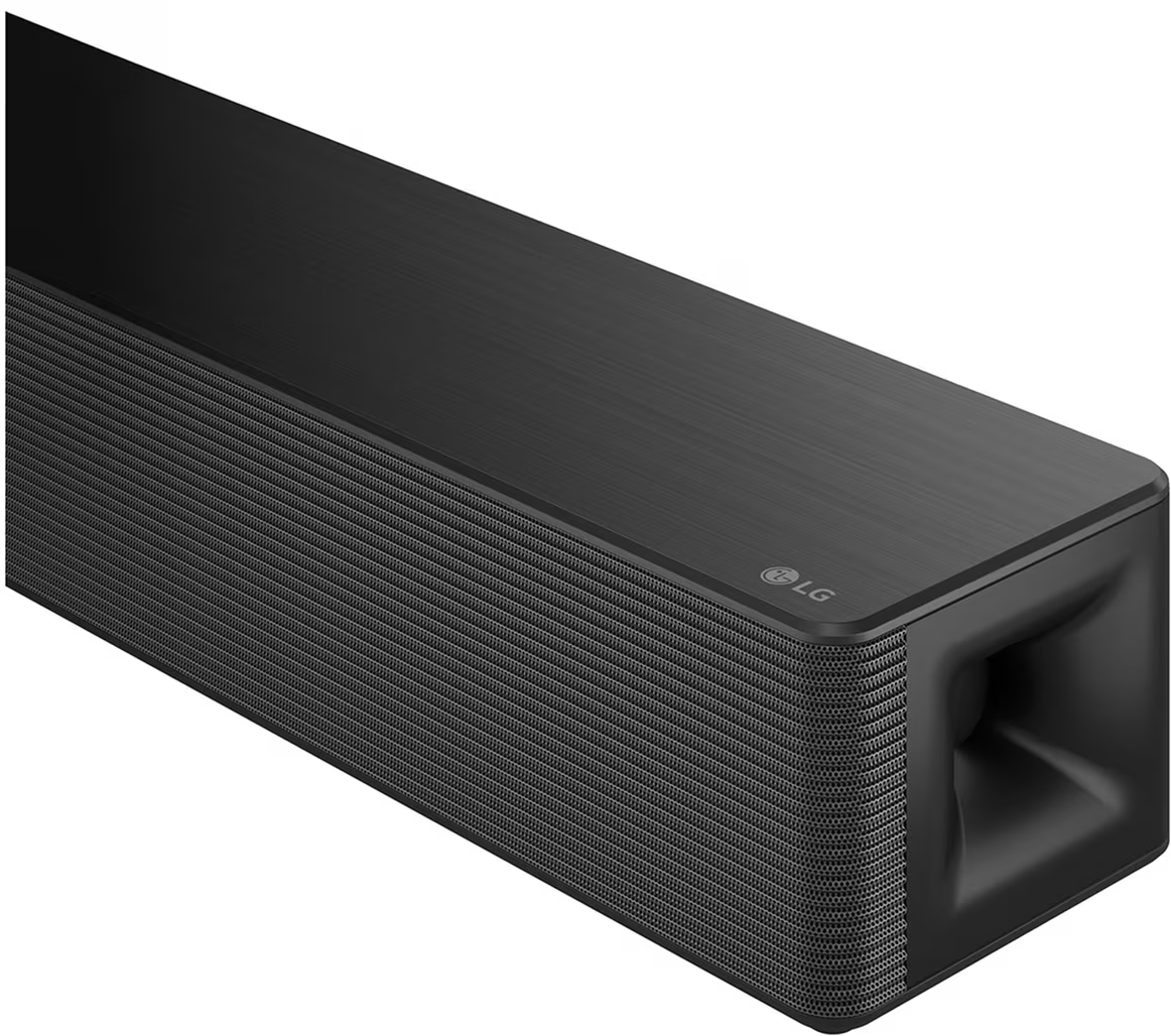 Fekete soundbar sarok, látható ráccsal és LG logóval.