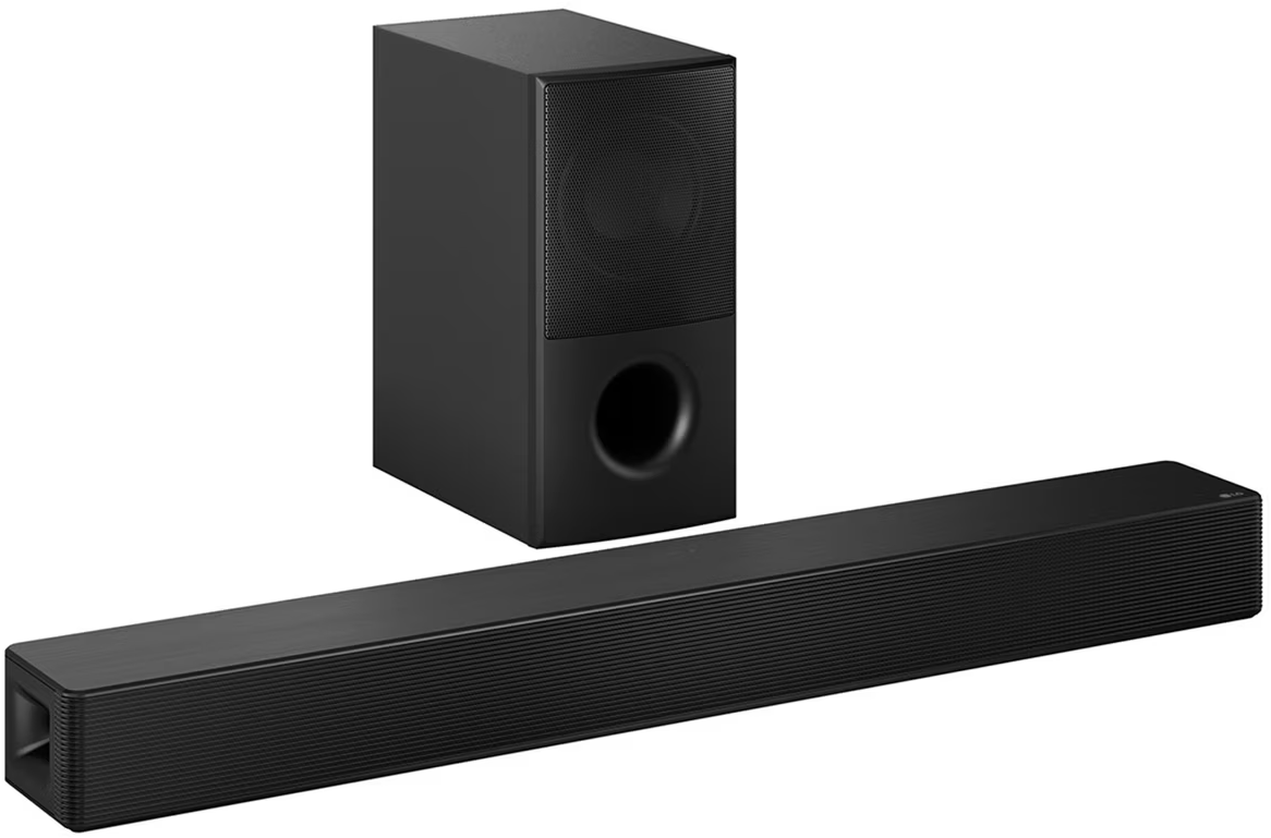 Fekete soundbar és mélynyomó készlet, egymás mellett, fehér háttéren.