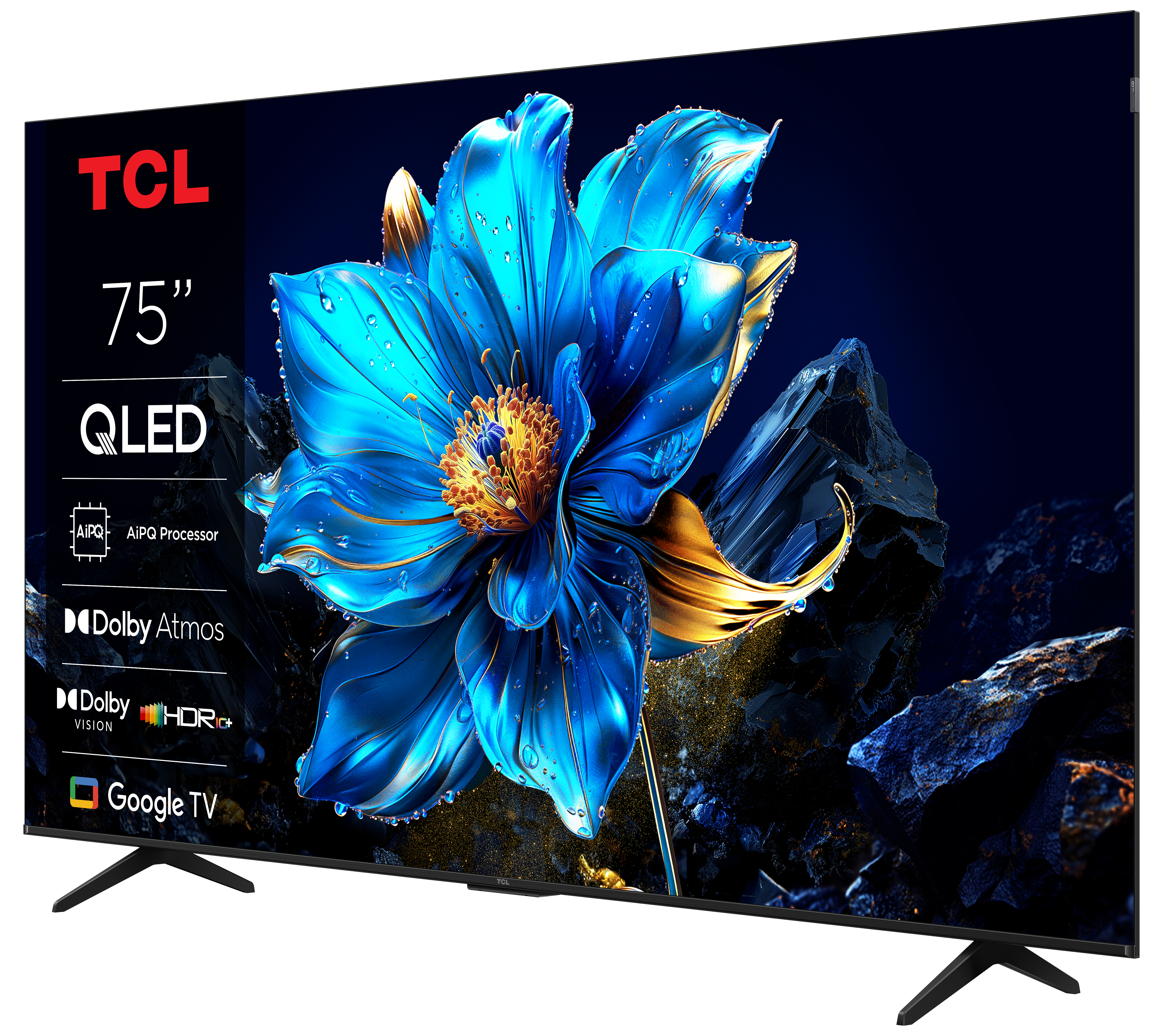 Telewizor TCL 75" QLED wyświetlający niebieski kwiat. Ciemne tło ze skałami i złotymi detalami. Telewizor jest pochylony.