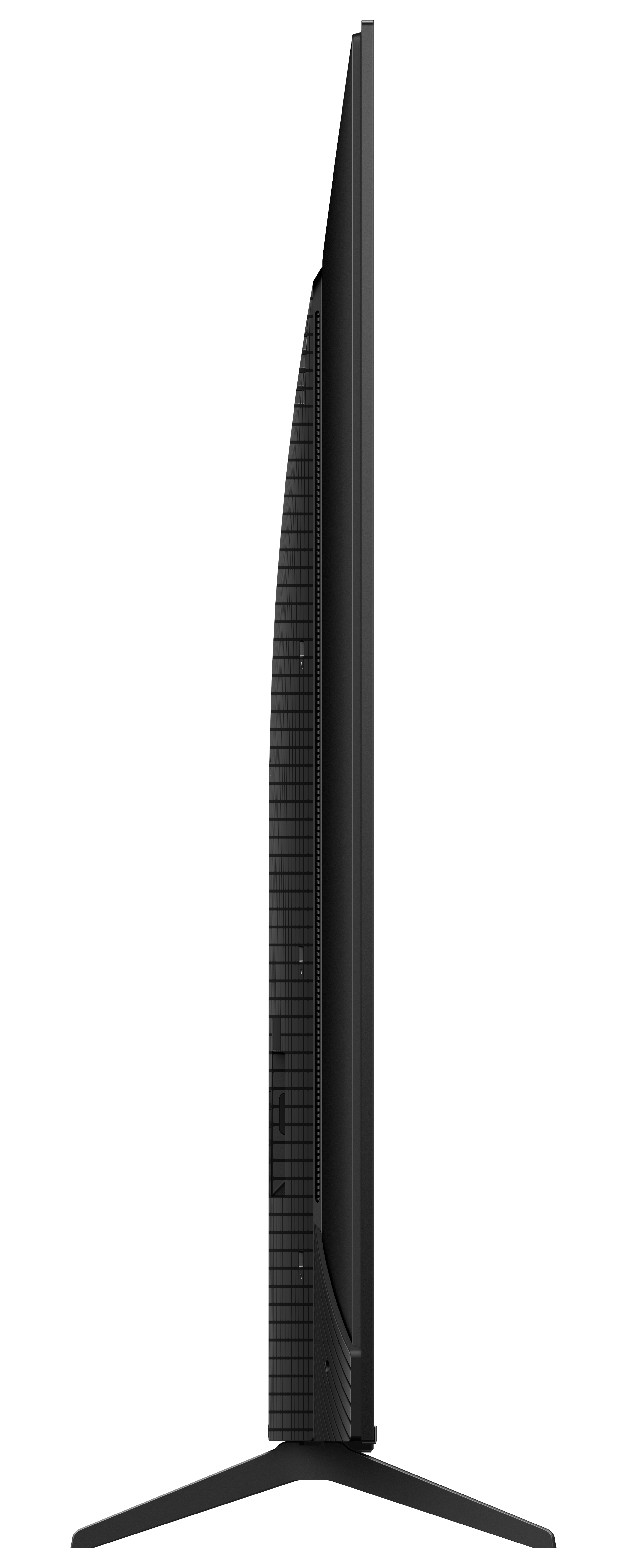 Widok z boku czarnego telewizora. Telewizor jest cienki, ze wzorzystym tyłem i podstawą. Na czarnym tle.