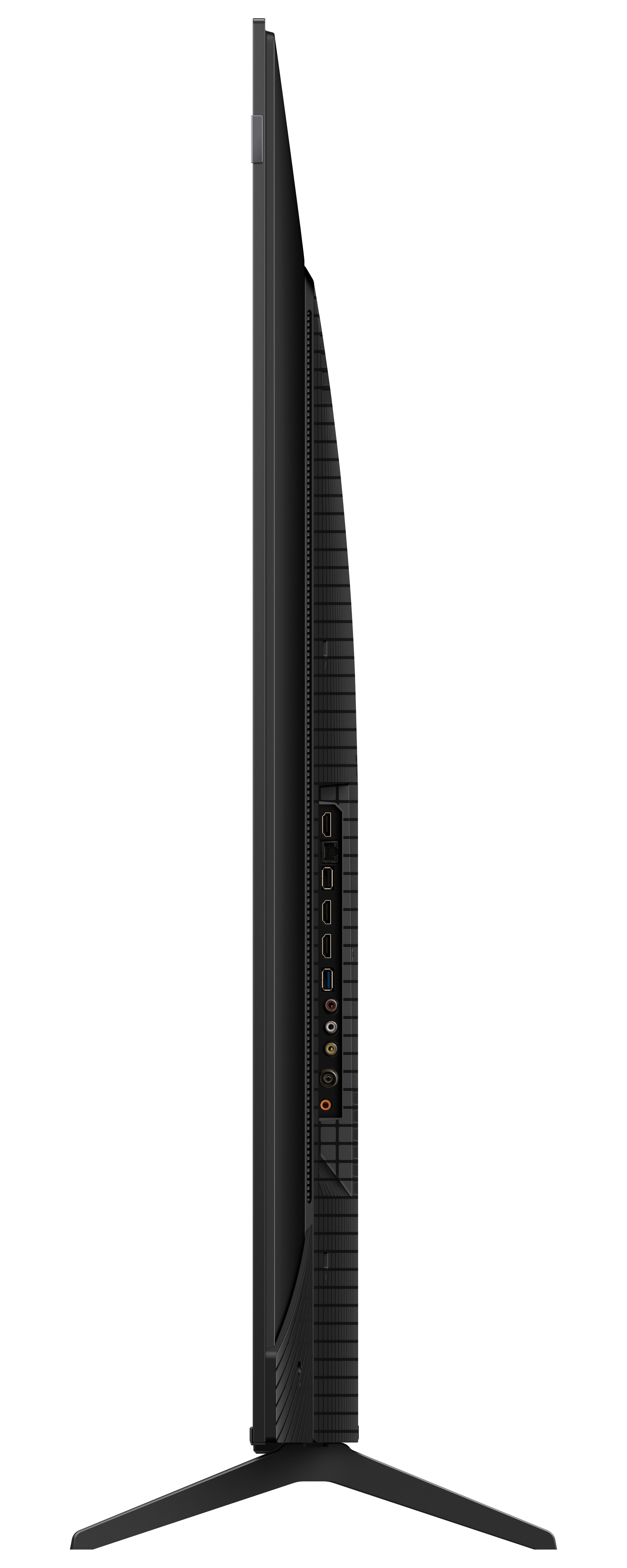 Widok z boku czarnego telewizora pokazującego porty i połączenia. Jest cienki i ma podstawę. Tło jest czarne.