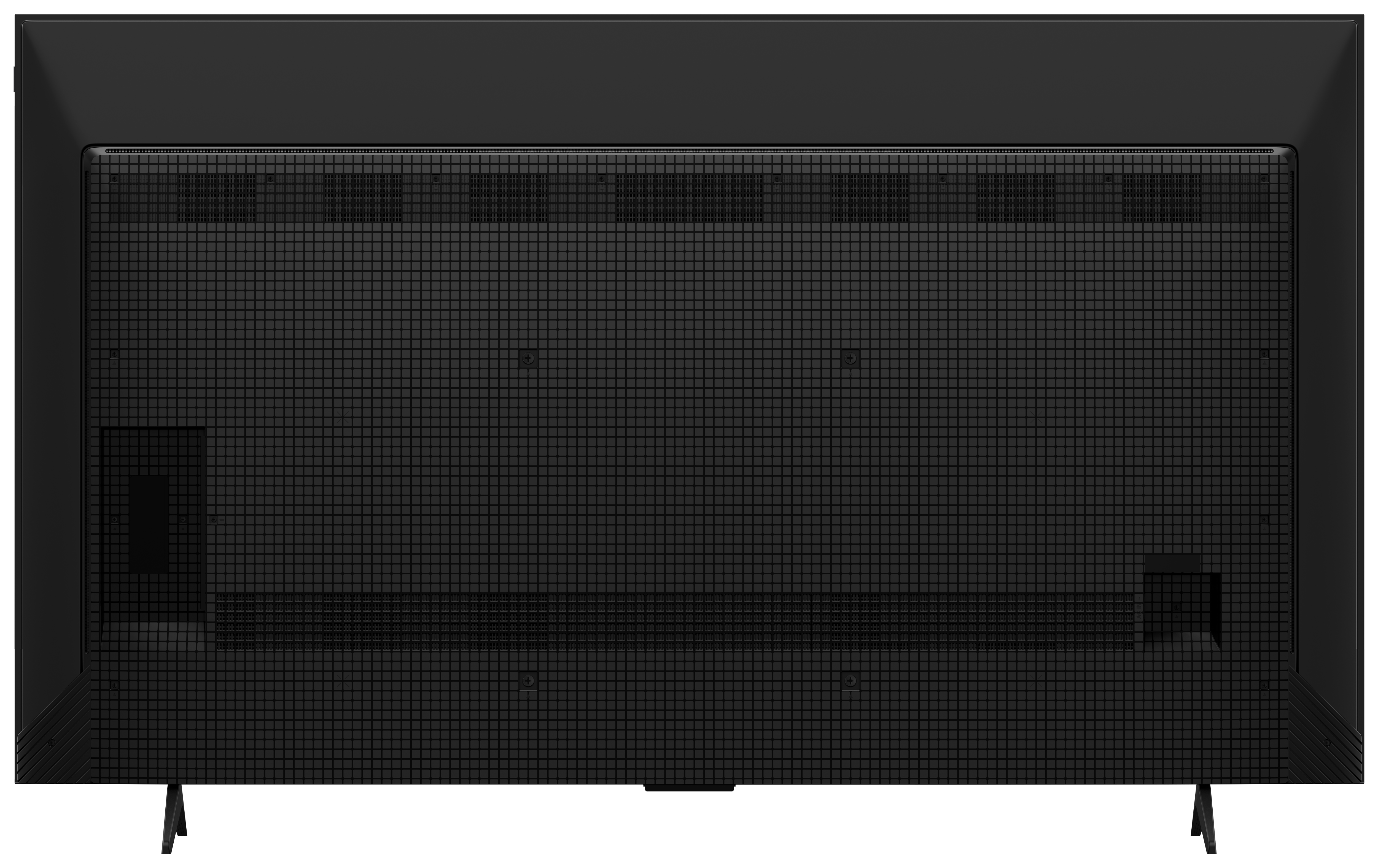 Tył czarnego telewizora. Ma wzorzystą powierzchnię i wzór w kratkę. Podstawa znajduje się na dole.