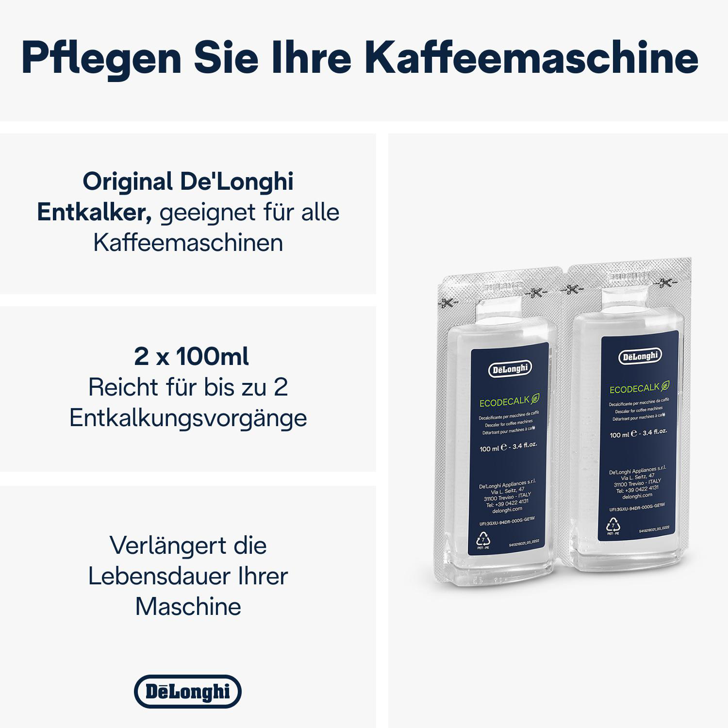 De'Longhi Entkalkungslösungspackungen und Text. Der Text wirbt für das Produkt.