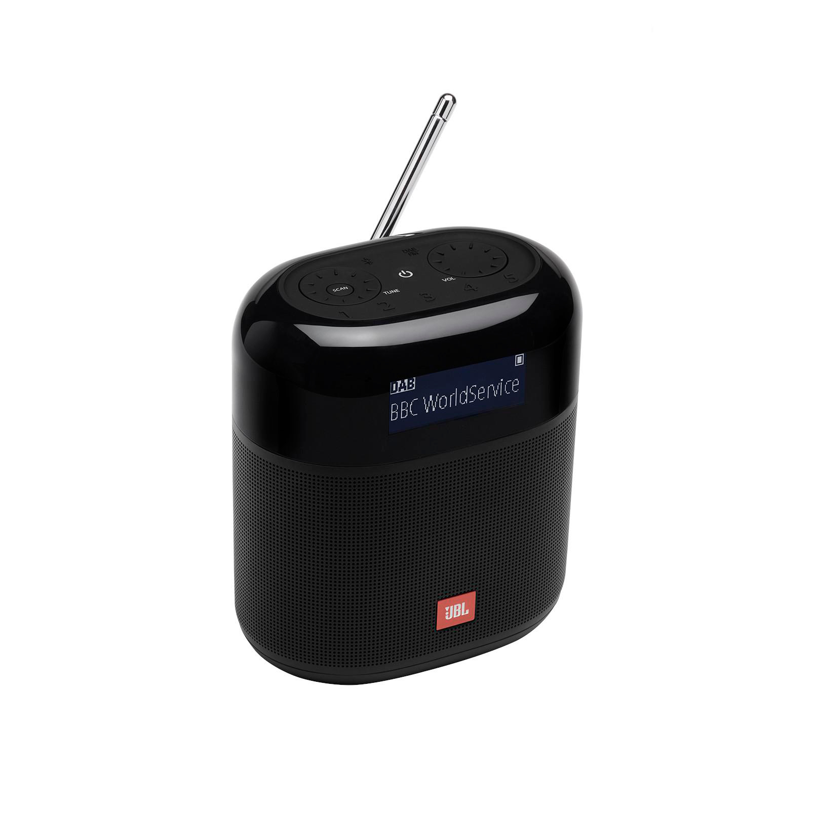 Ein schwarzer JBL-Radiolautsprecher mit Antenne und Display, das BBC WorldService zeigt.