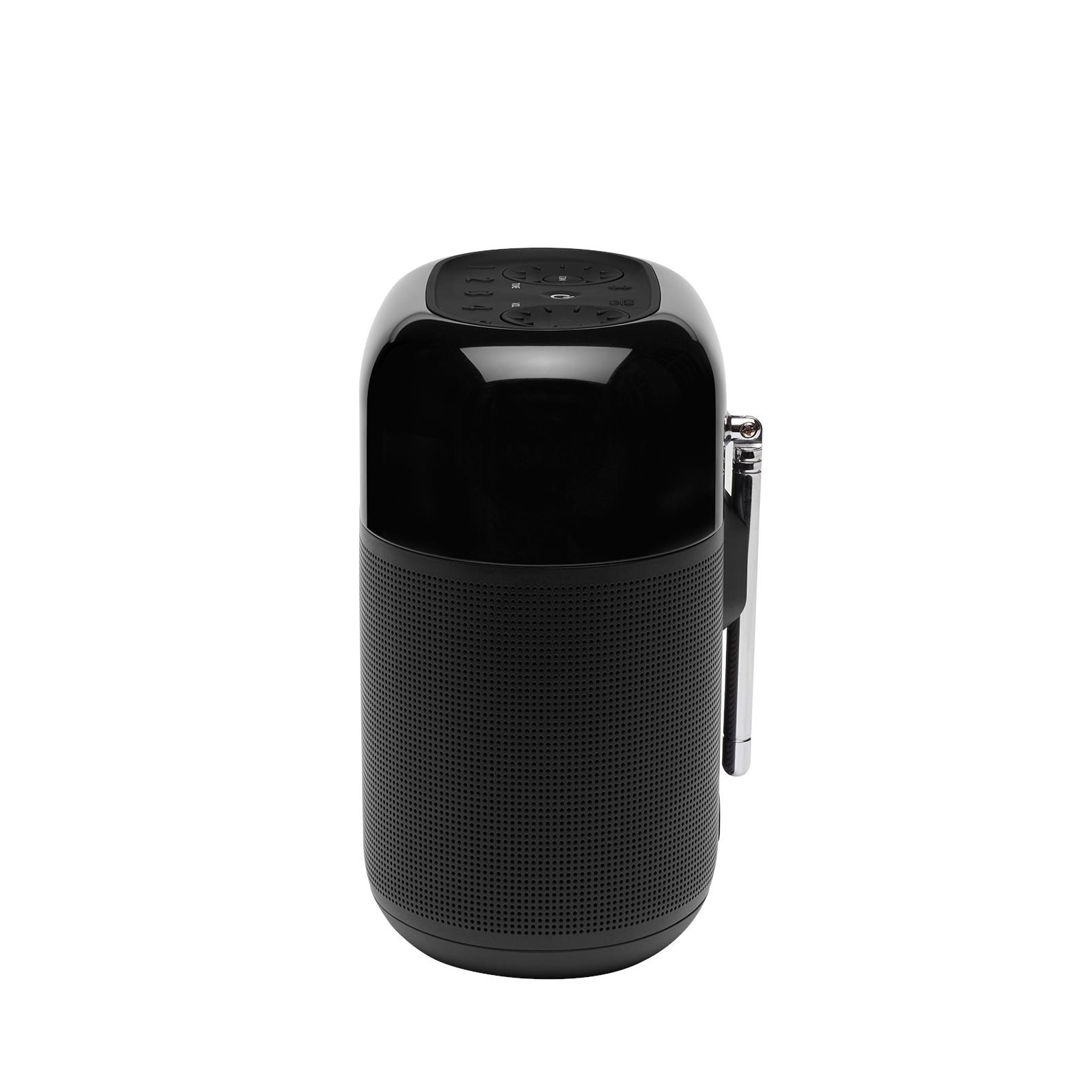 Ein schwarzer tragbarer JBL-Radiolautsprecher mit Antenne, weißer Hintergrund.