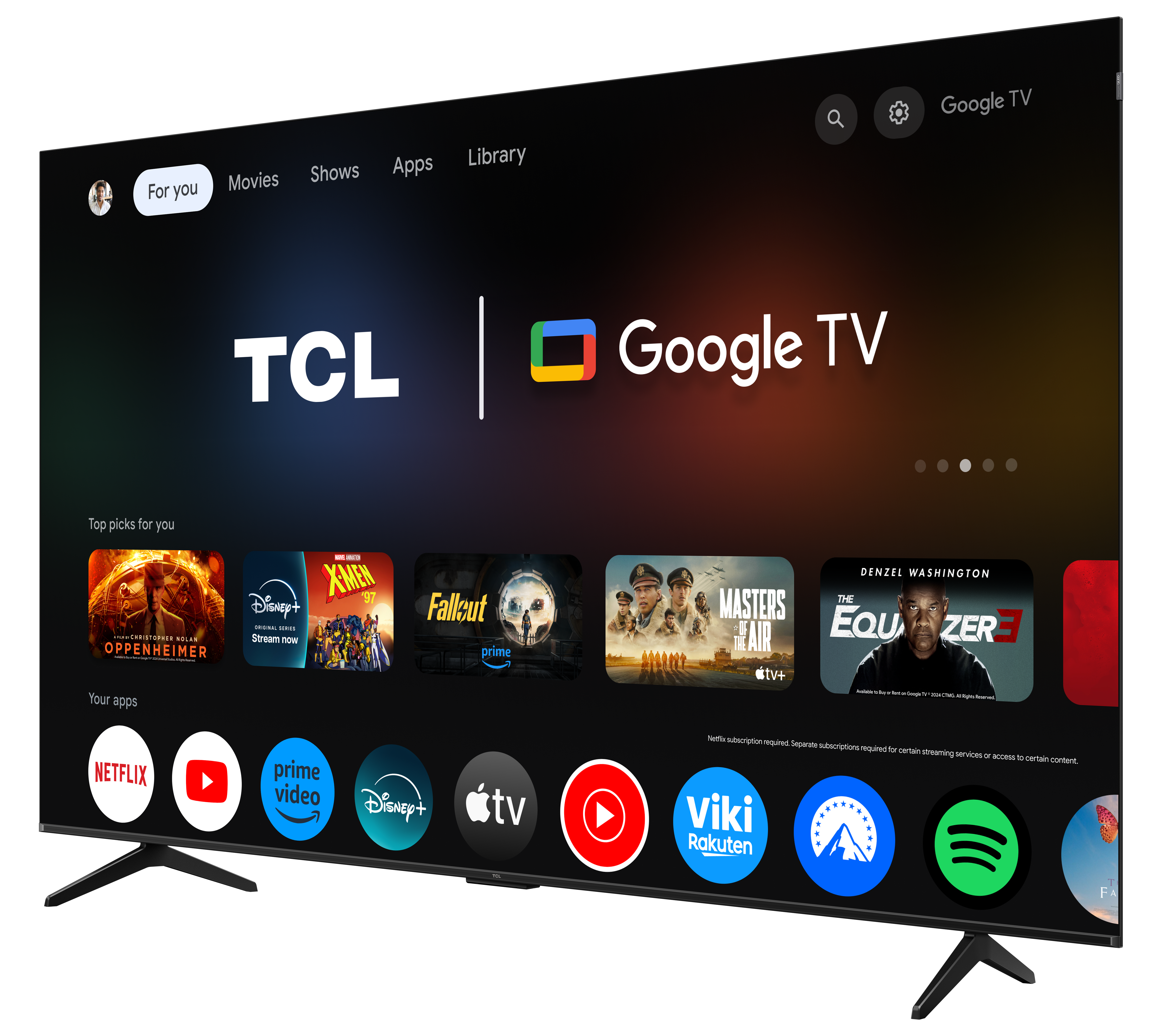 Zakrzywiony ekran interfejsu TCL Google TV z czarnym tłem i sugestiami filmów.