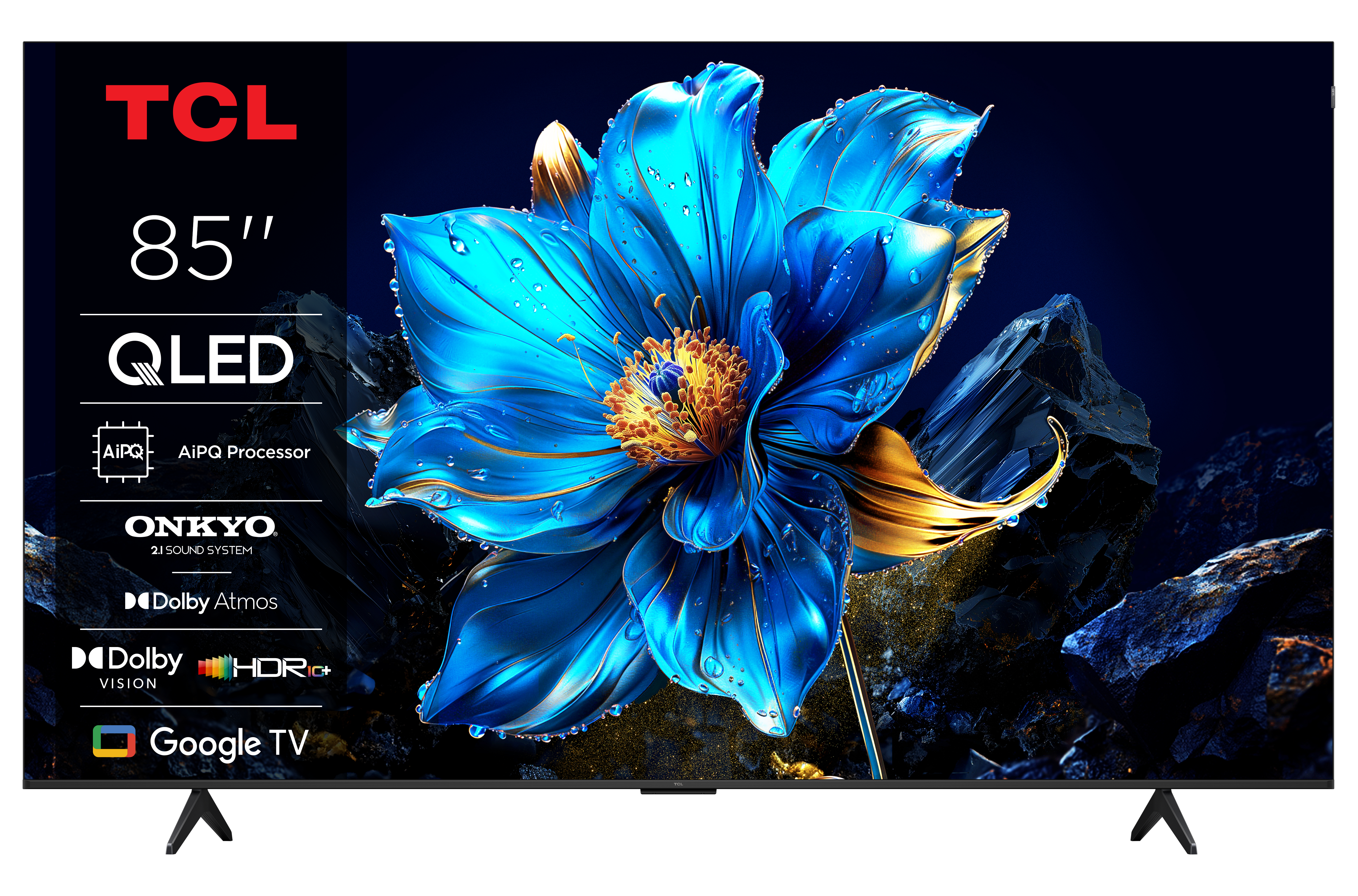 85-calowy telewizor TCL QLED prezentujący żywy obraz kwiatowy na białym tle.