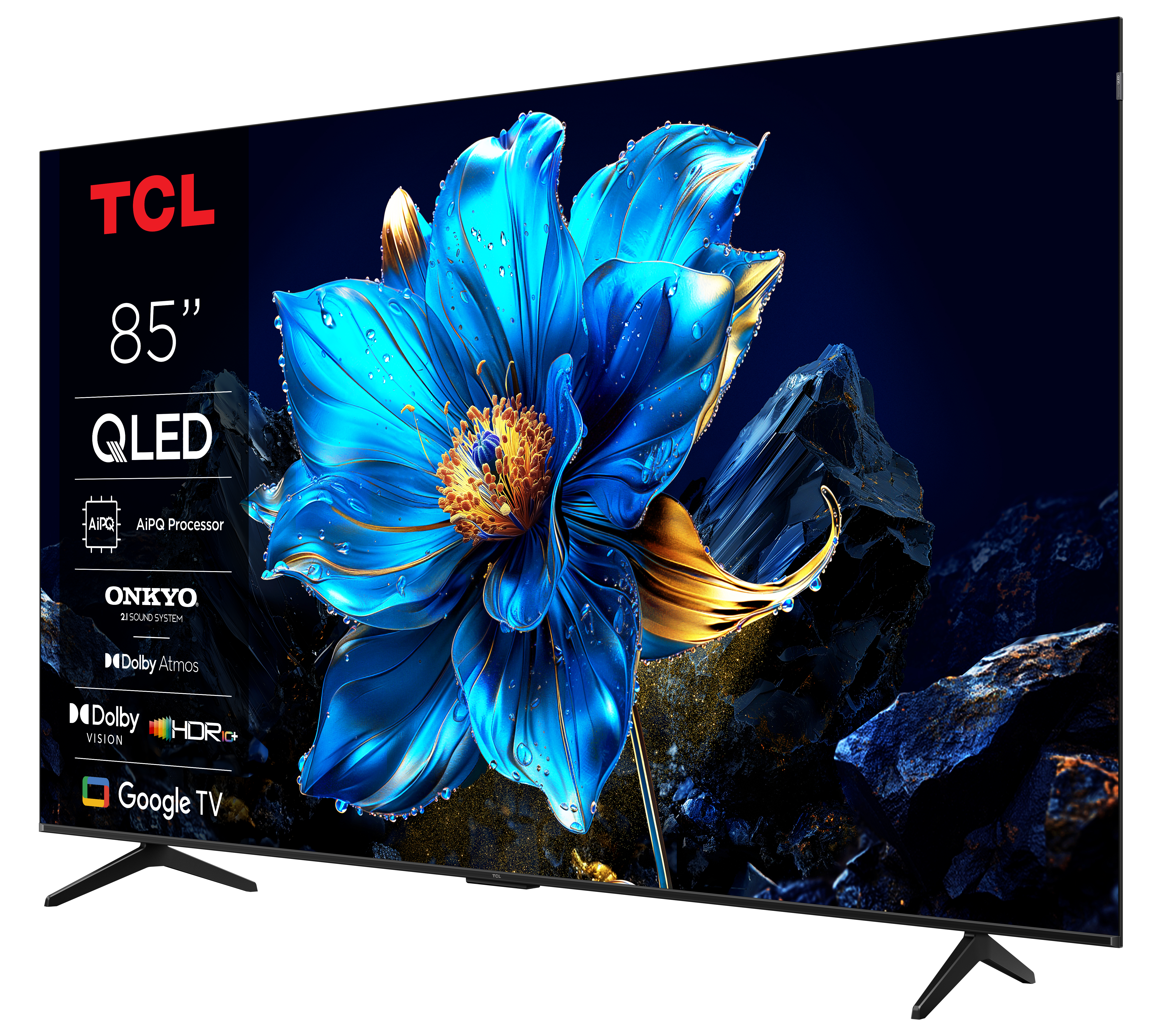 Telewizor TCL QLED 85 cali stoi na czarnym stojaku. Wyświetla scenę z niebieskim kwiatem na ciemnym tle.