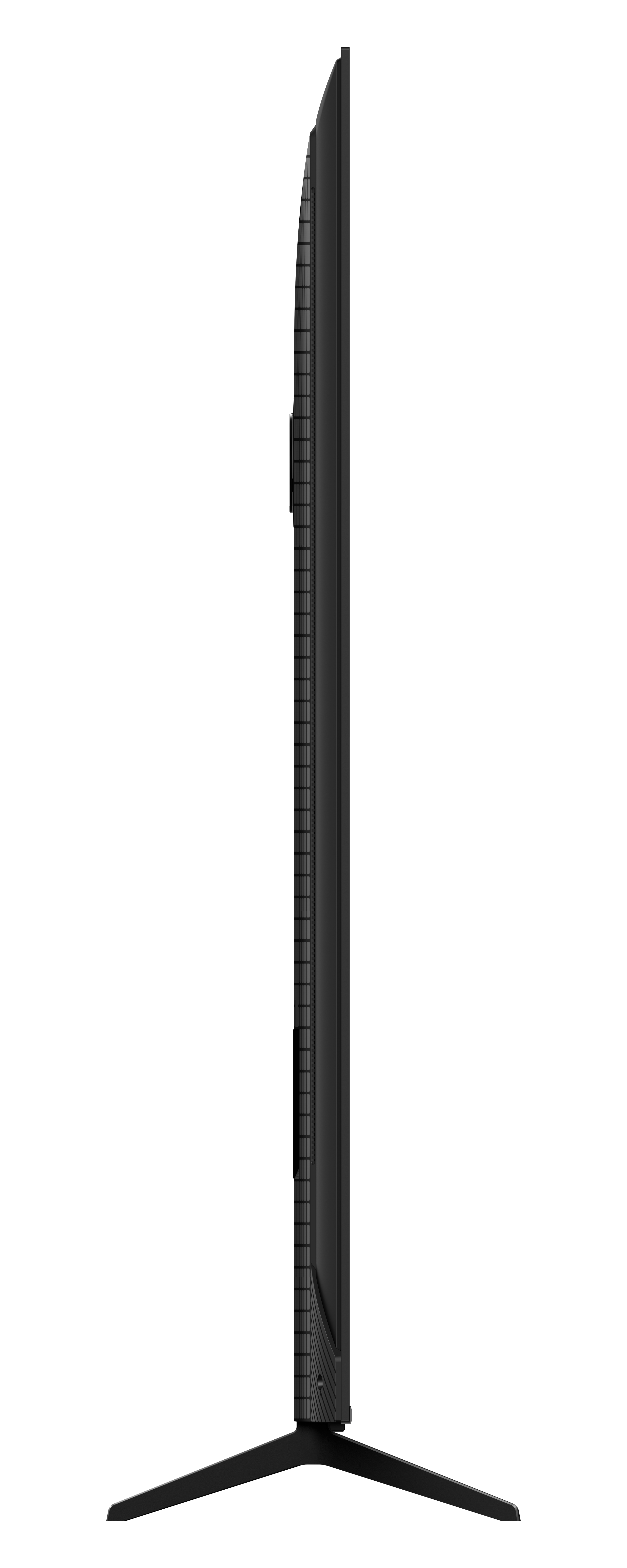 Widok z boku cienkiego, czarnego telewizora na stojaku. Ekran jest czarny, ramka wąska, podstawa w kształcie V.