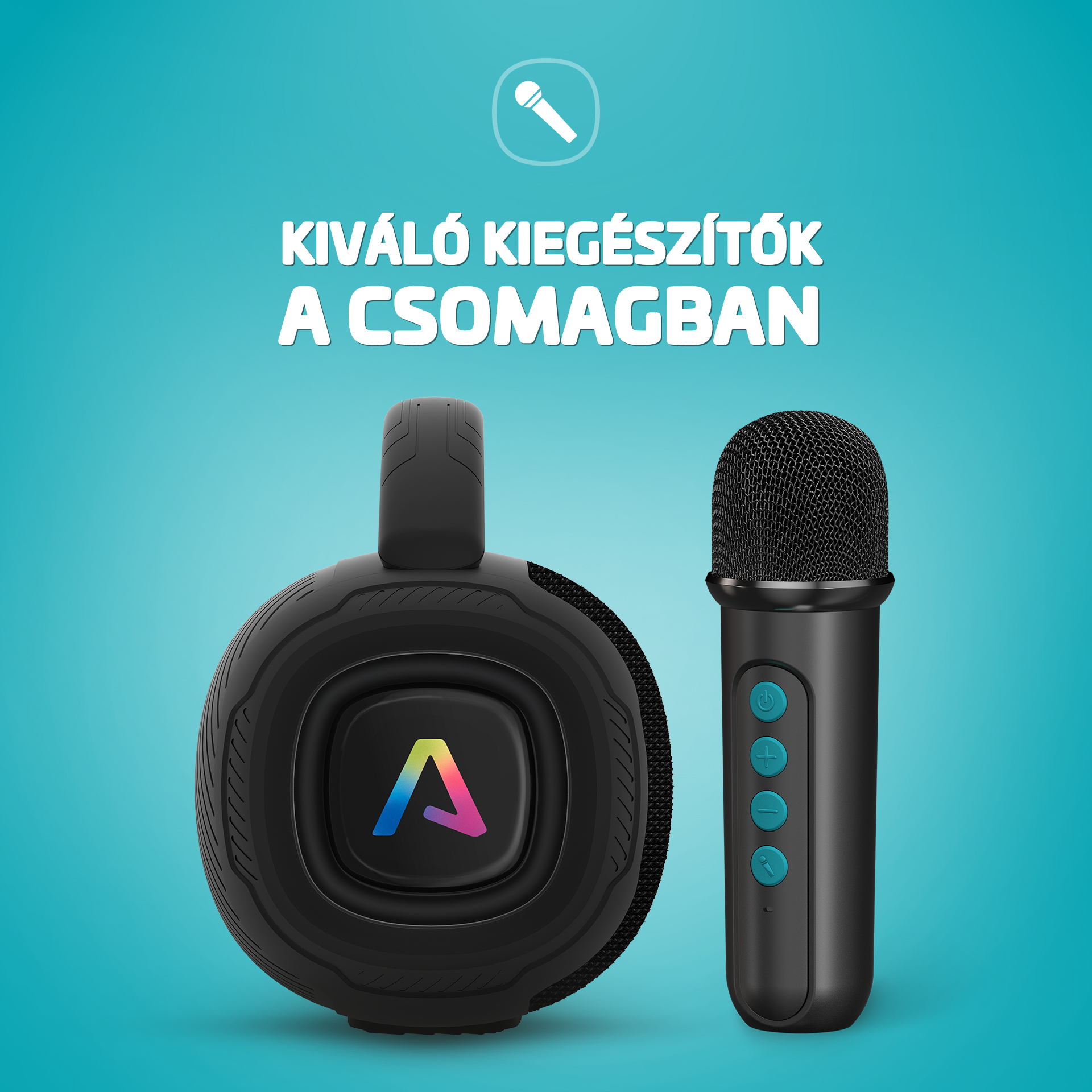 Fekete hangszóró és mikrofon. A hangszórón színes 'A' logó van. Kék háttér felirattal.