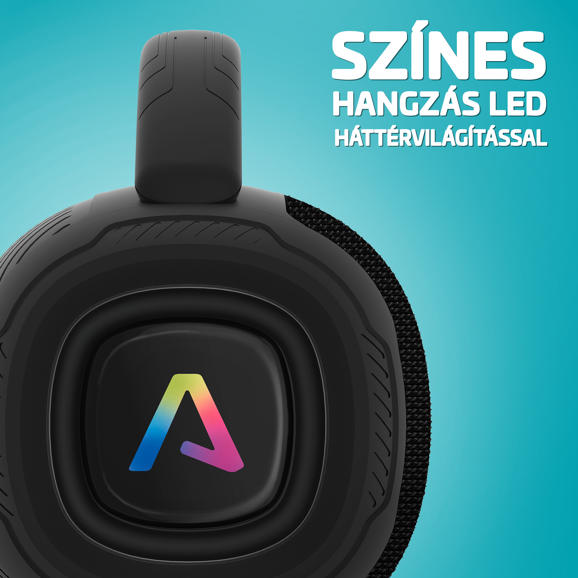 A hangszóró közeli képe 'A' logóval. A fenti szöveg: 'színes hangzás LED háttérvilágítással'.