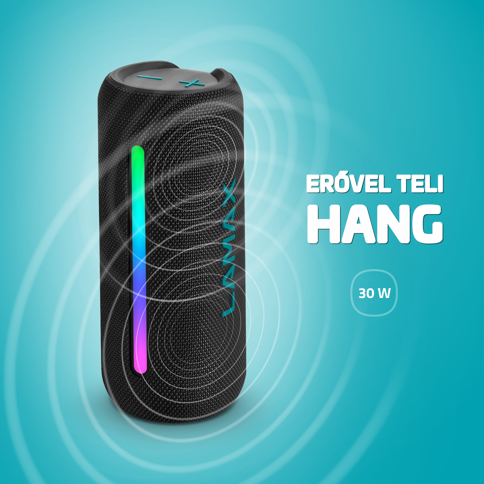 Fekete hangszóró kék és zöld LED-fényekkel. A hangszórón a LAMAX felirat látható.
