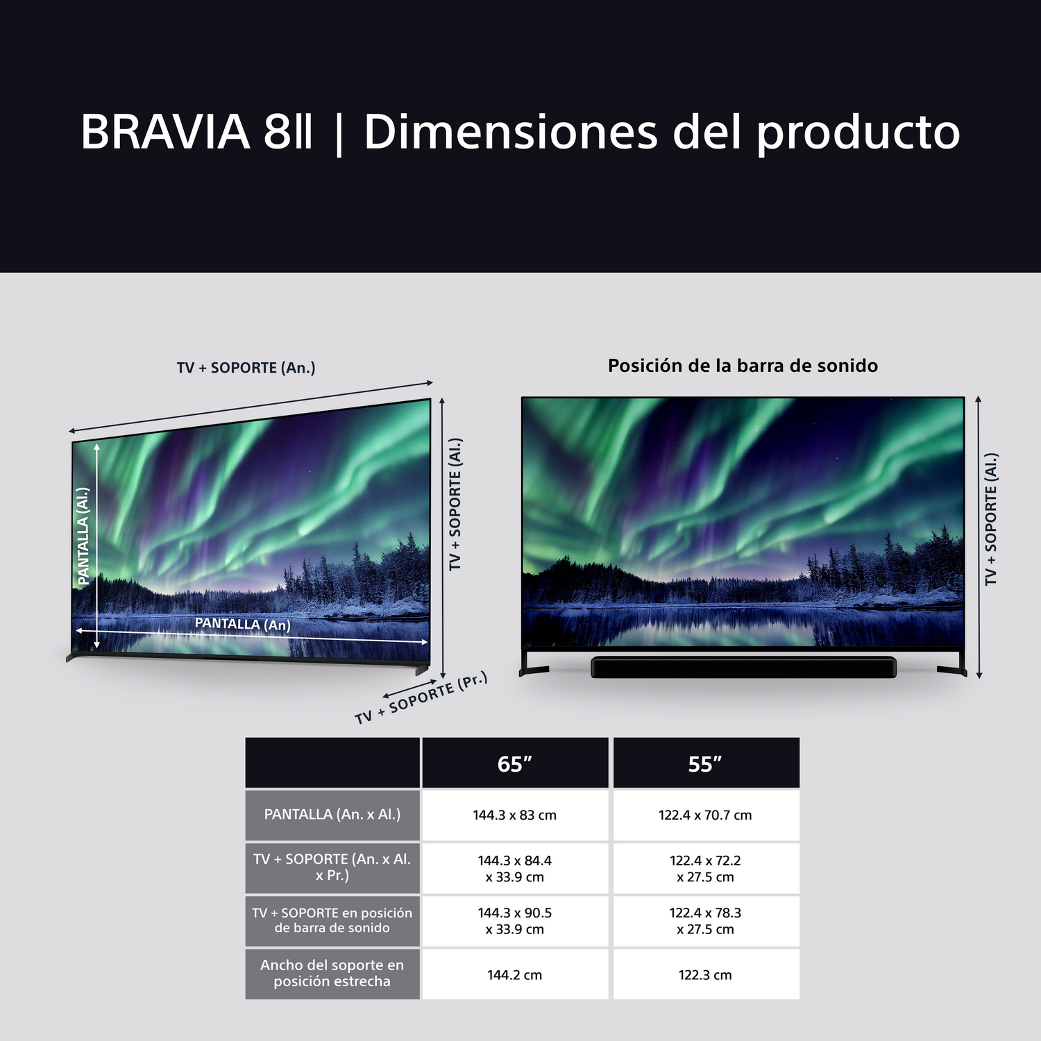 Diagrama que muestra dimensiones de TV, con medidas de tamaño de pantalla y soporte.