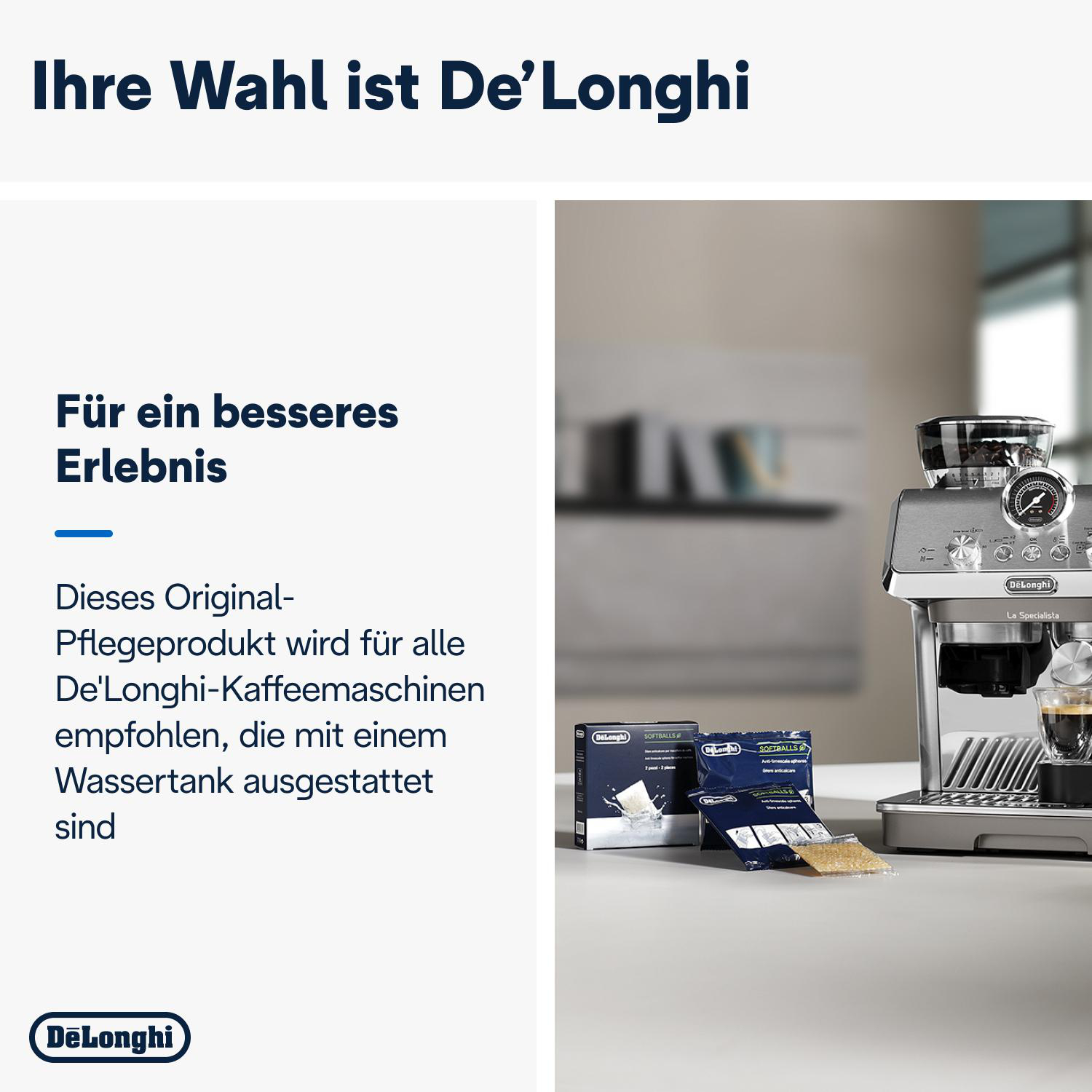 De'Longhi Espressomaschine mit Reinigungsprodukten und einer Tasse Kaffee.