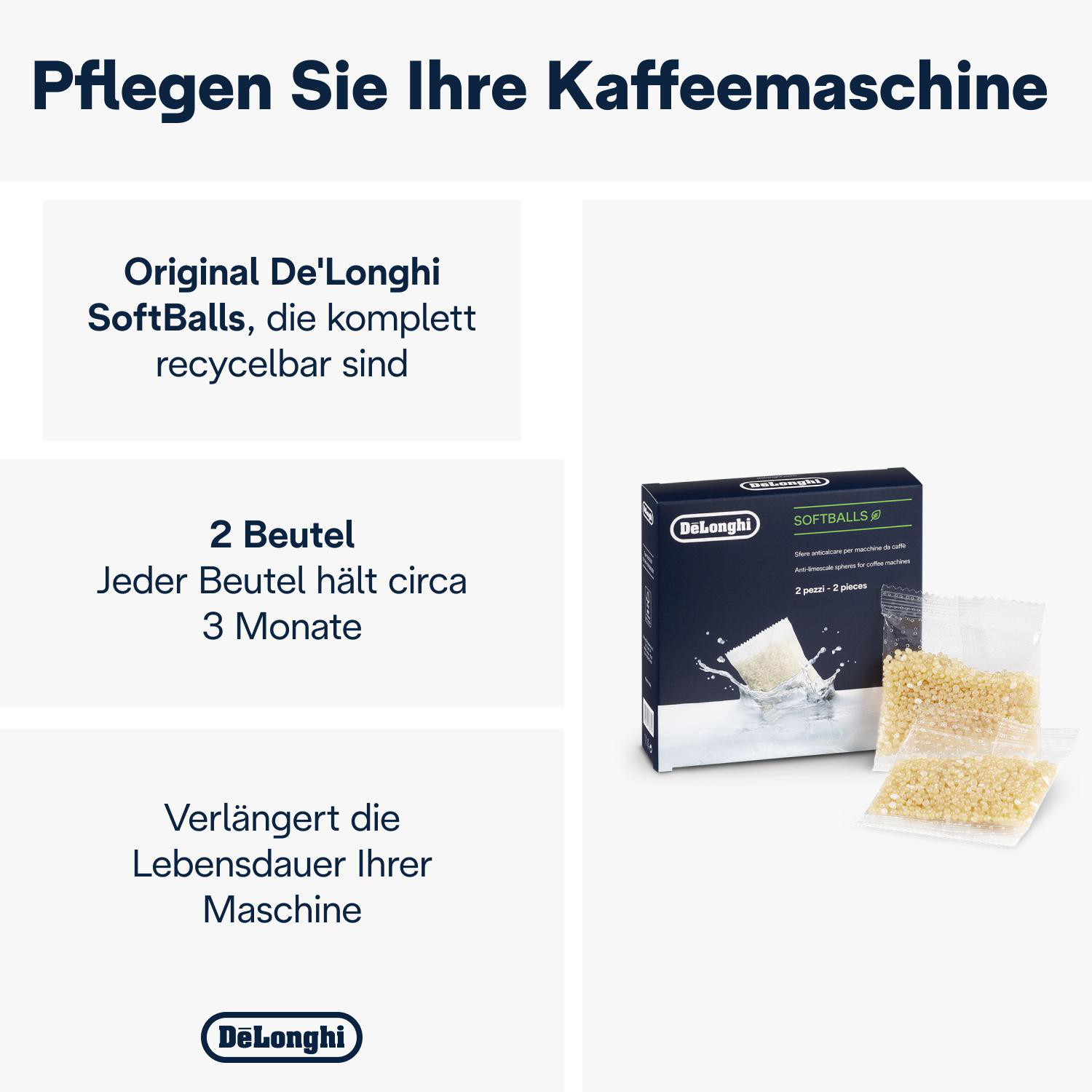 Text und Bilder zeigen das De'Longhi SoftBalls-Produkt, einschließlich Box und Packungen, vor weißem Hintergrund.