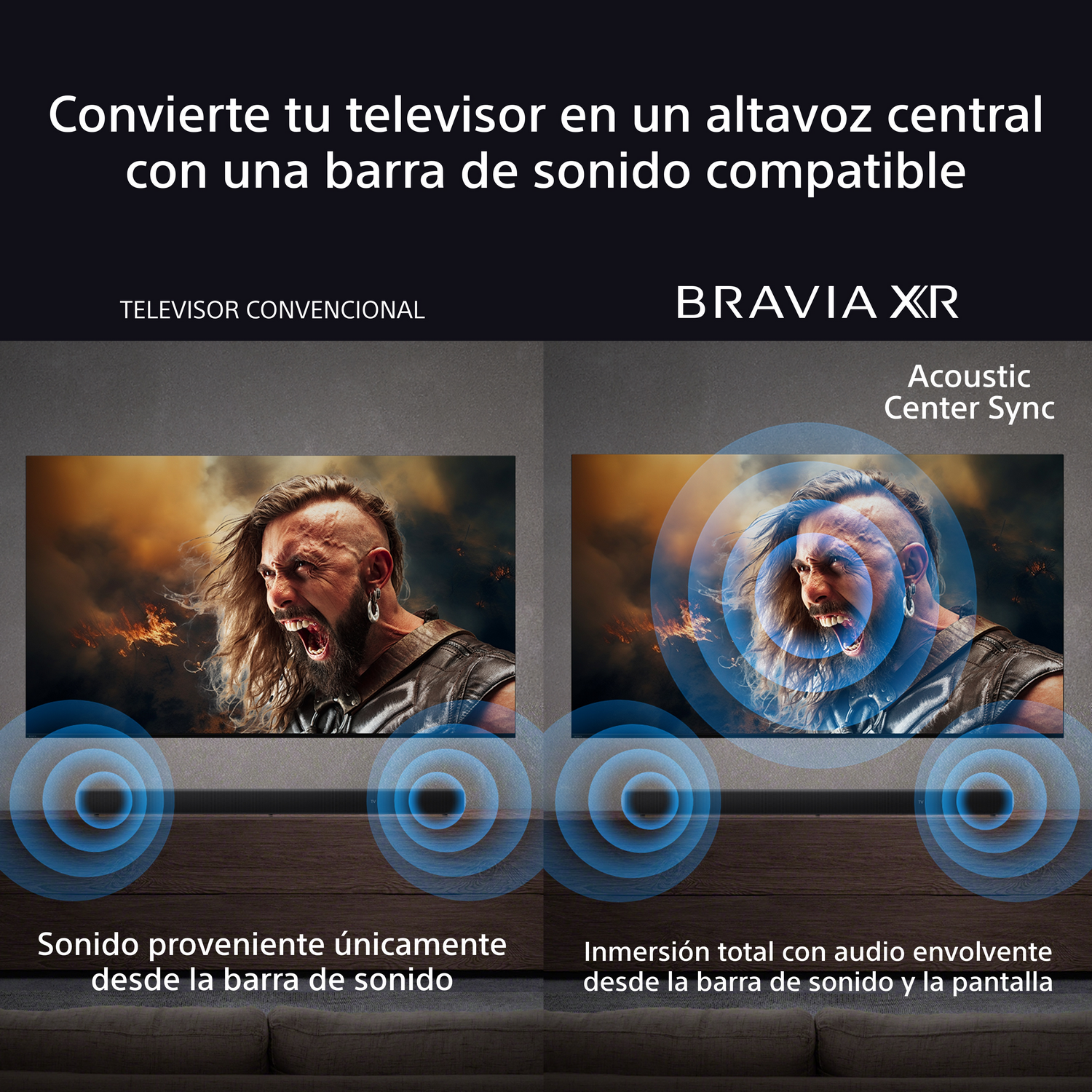 Televisor con barra de sonido para crear un audio envolvente.