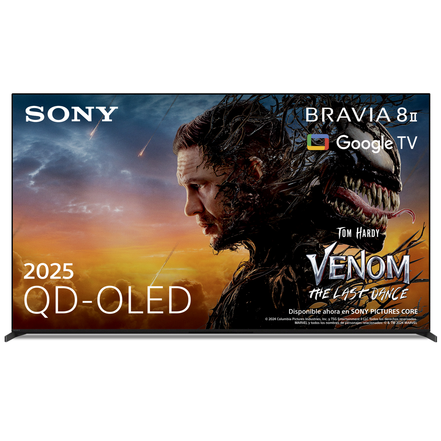 Una pantalla de TV que muestra la película "Venom: The Last Dance" con el logotipo de Sony y texto QD-OLED.