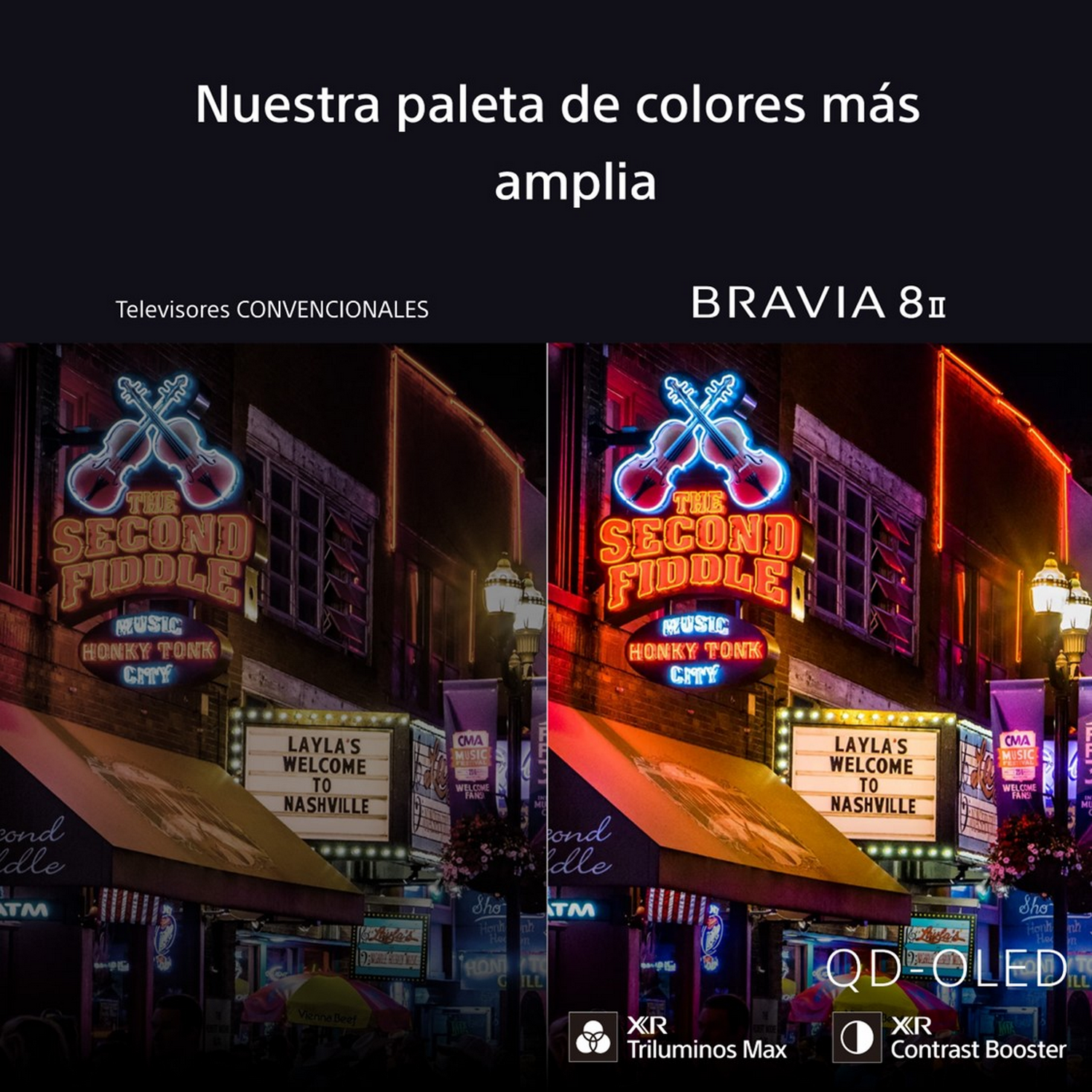 La imagen muestra una comparación de televisores convencionales con un BRAVIA 8II, destacando la gama de colores.