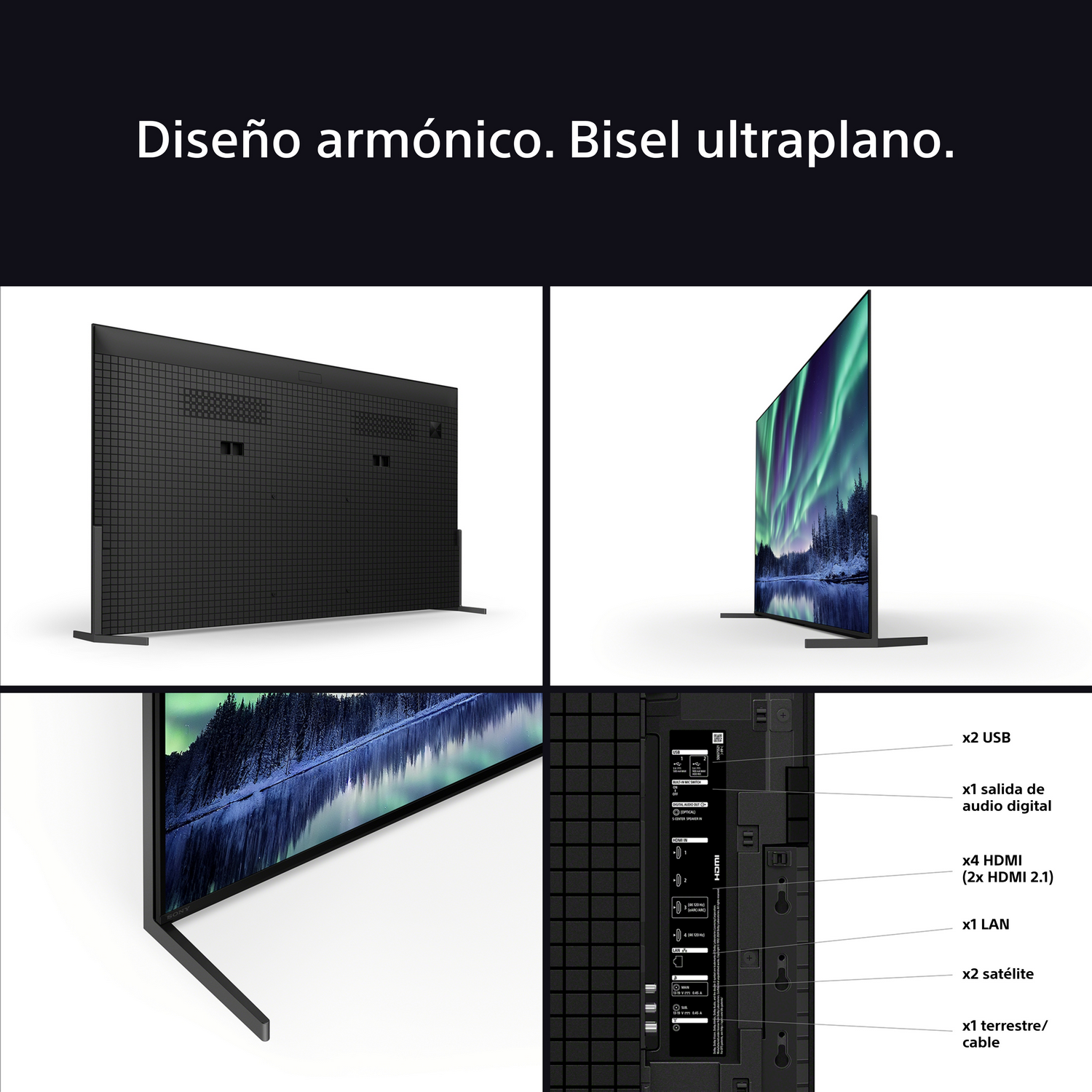 La imagen muestra características del TV: panel trasero, vista lateral, puertos y diseño de soporte minimalista.