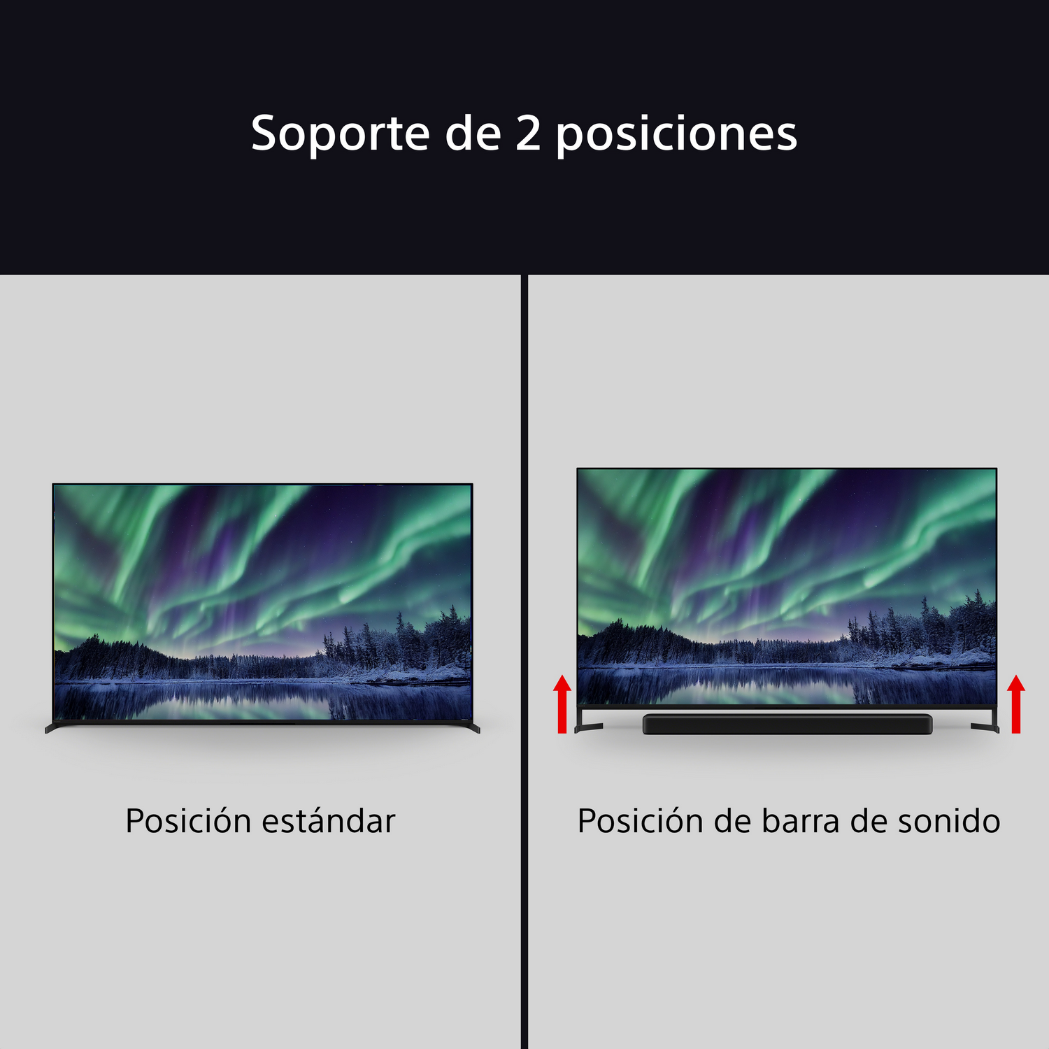 La imagen ilustra dos posiciones del soporte de TV: estándar y posición de barra de sonido, con flechas indicadoras.