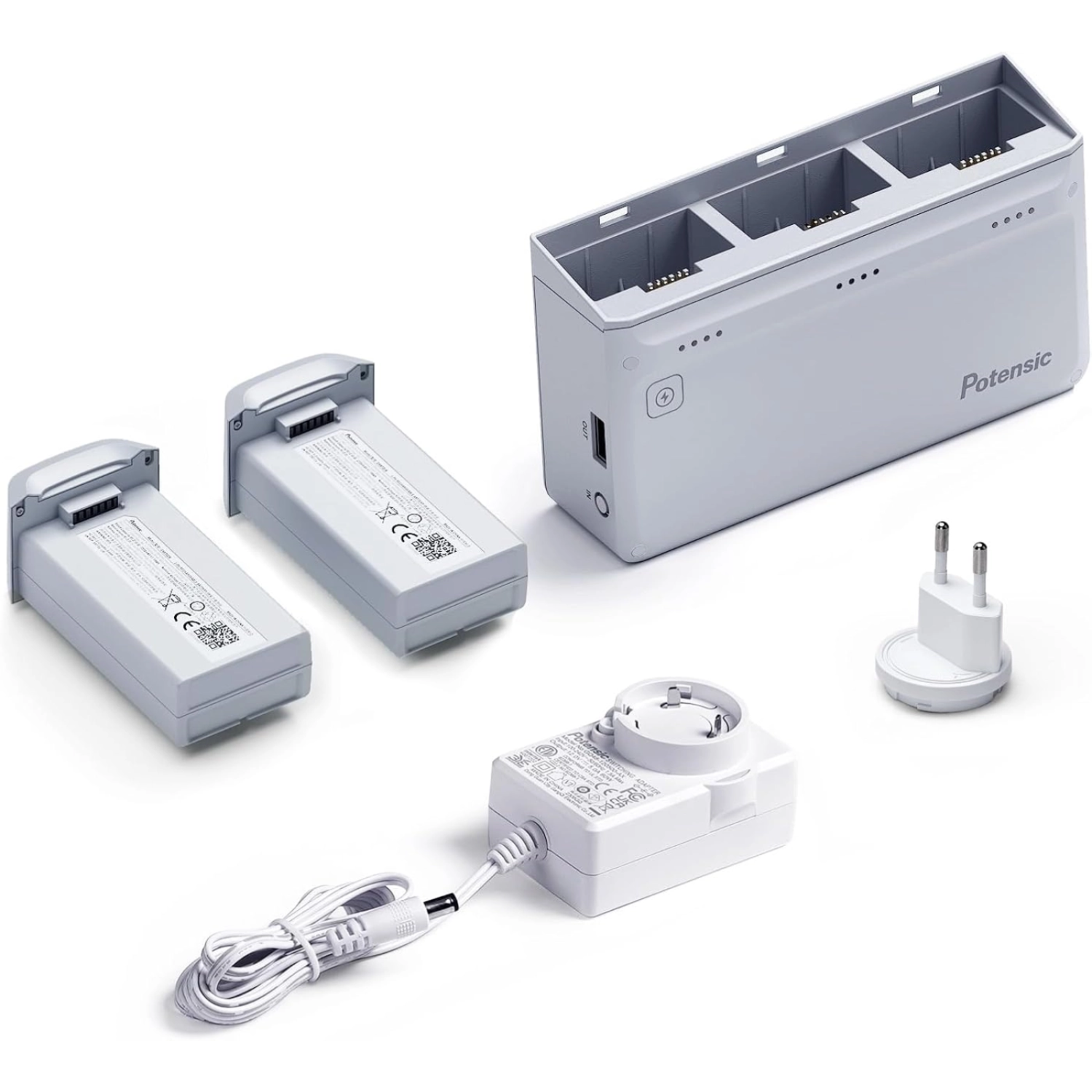 Chargeur, batteries, adaptateur secteur et chargeur.