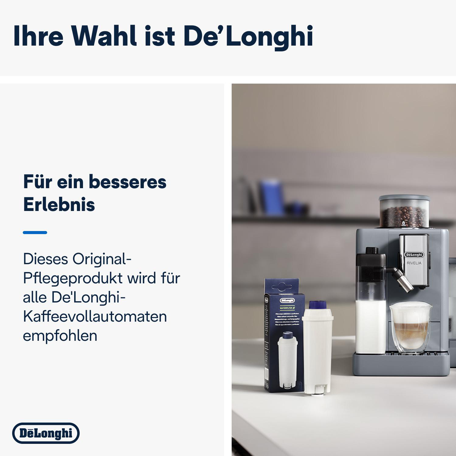 De'Longhi Kaffeemaschine mit Filter und Text.