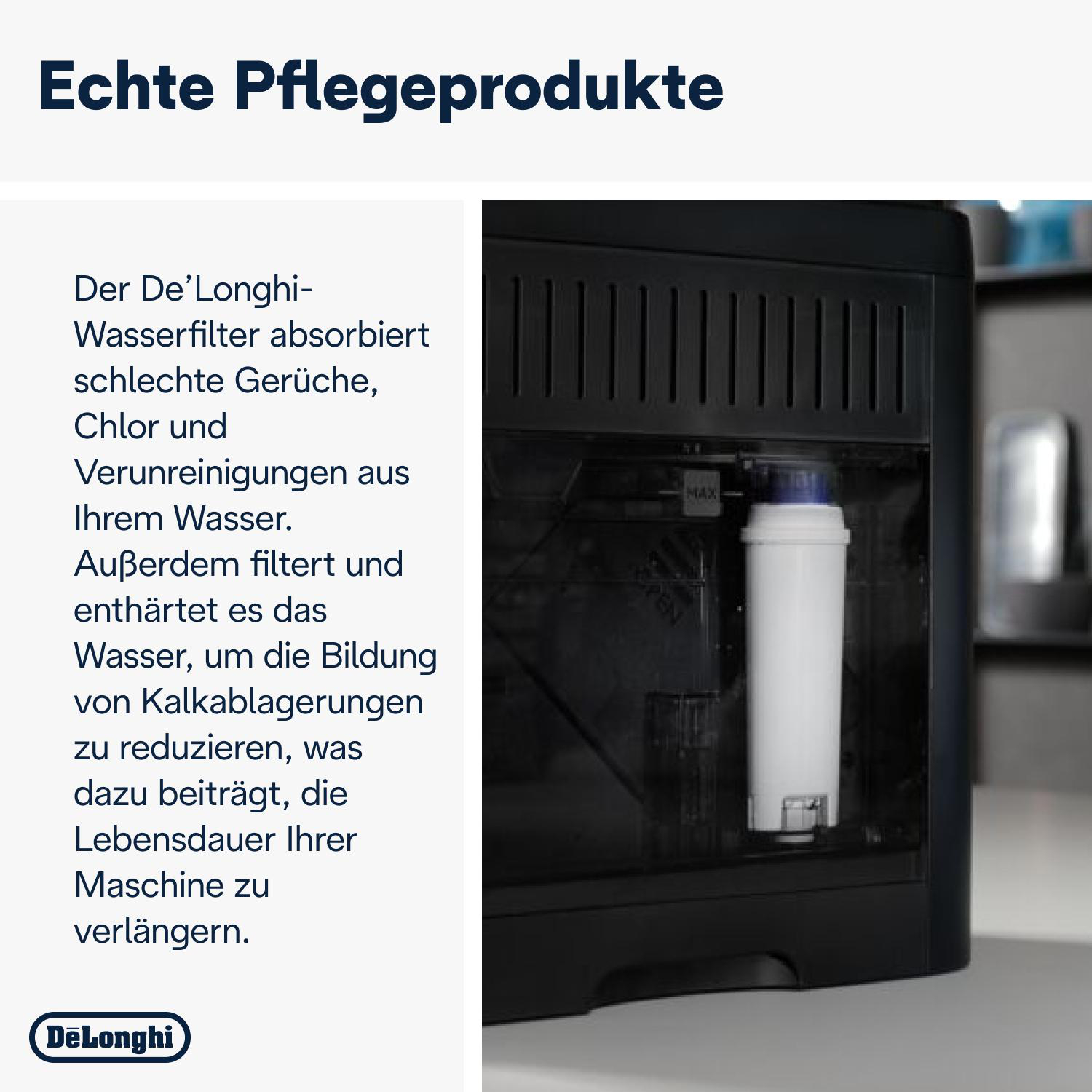 De'Longhi Wasserfilter in einer schwarzen Kaffeemaschine. Er absorbiert schlechte Gerüche, Chlor und Verunreinigungen.