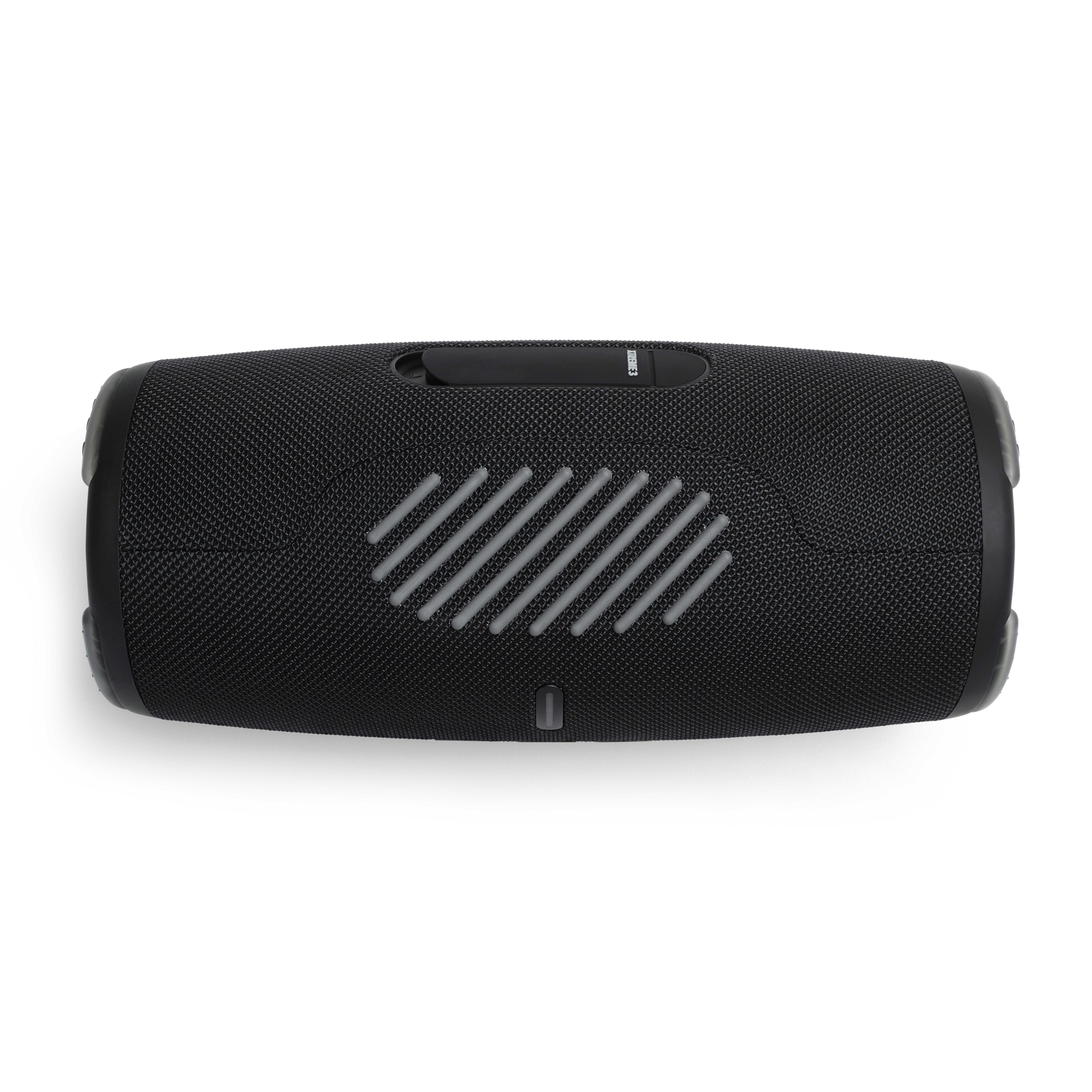 Schwarzer JBL-Lautsprecher, Vorderansicht, mit Lautsprechergitter.