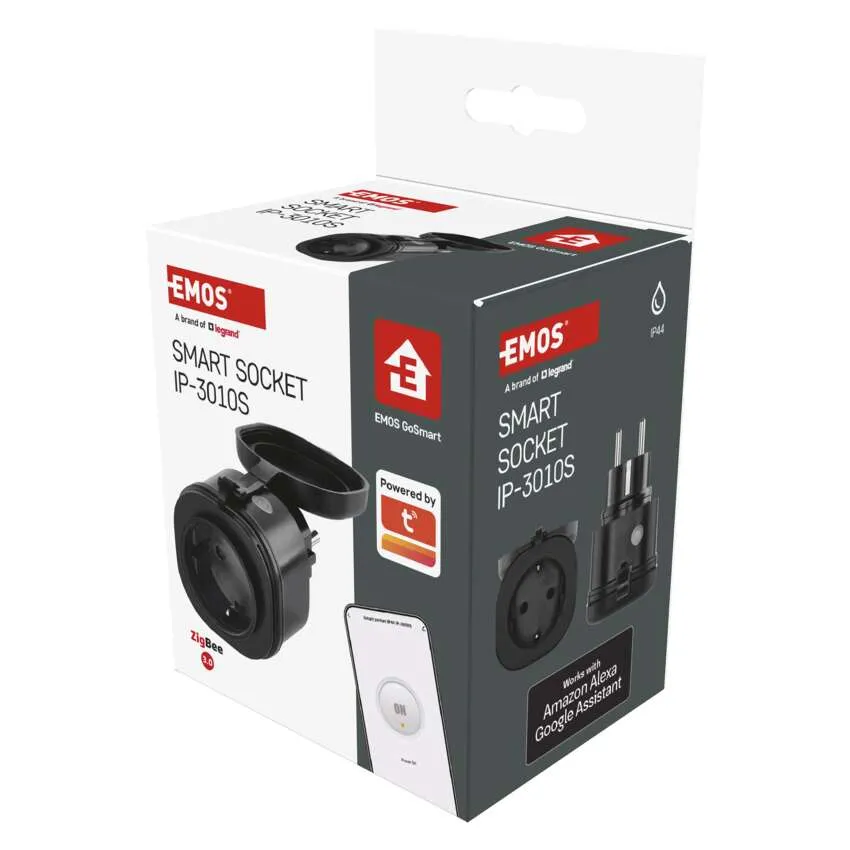 Okos aljzat doboz, fekete aljzat és telefon, amely az alkalmazást mutatja. A dobozon EMOS és Smart Socket IP-3010S felirat.