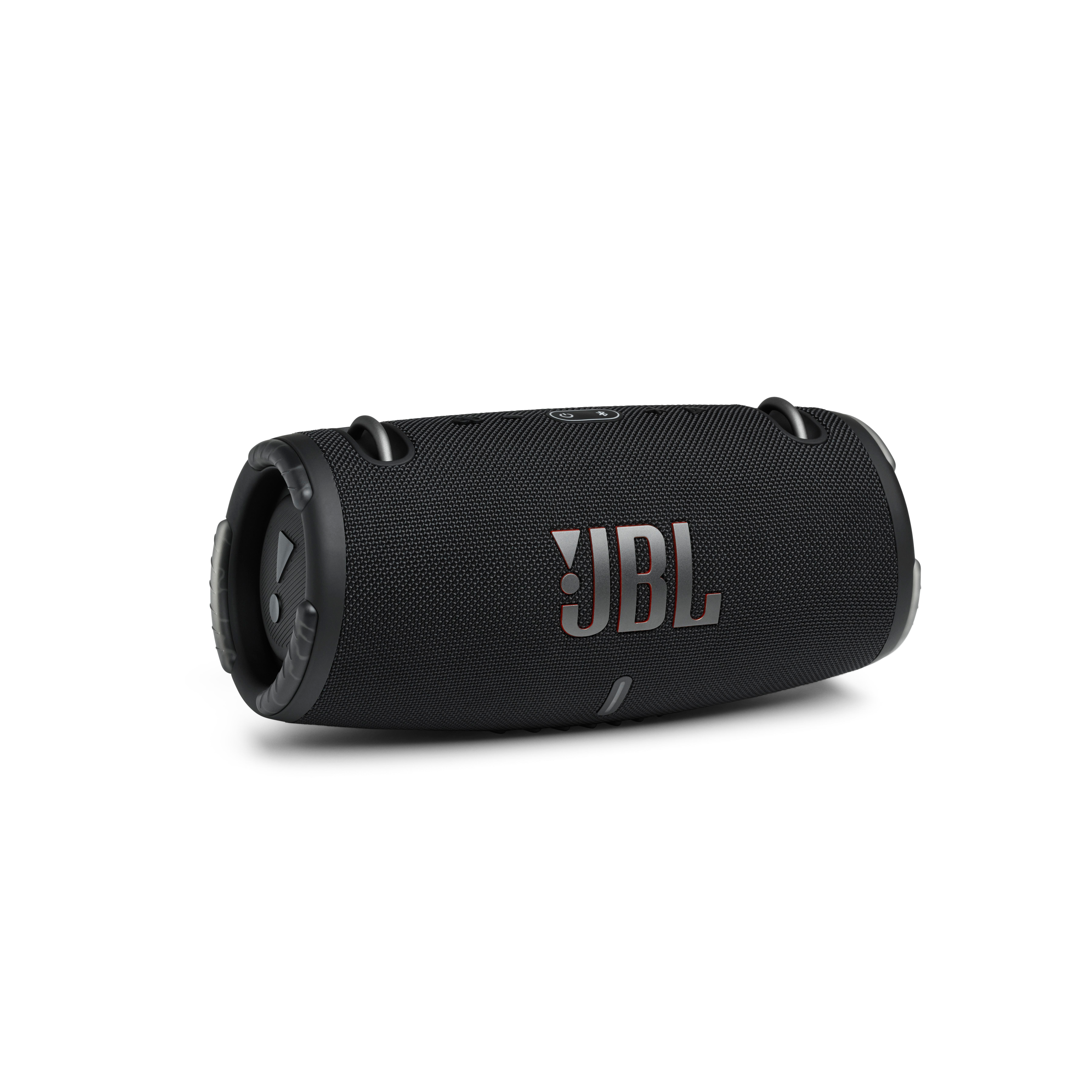 Schwarzer JBL-Lautsprecher mit Trageriemen. JBL-Logo in Silber.