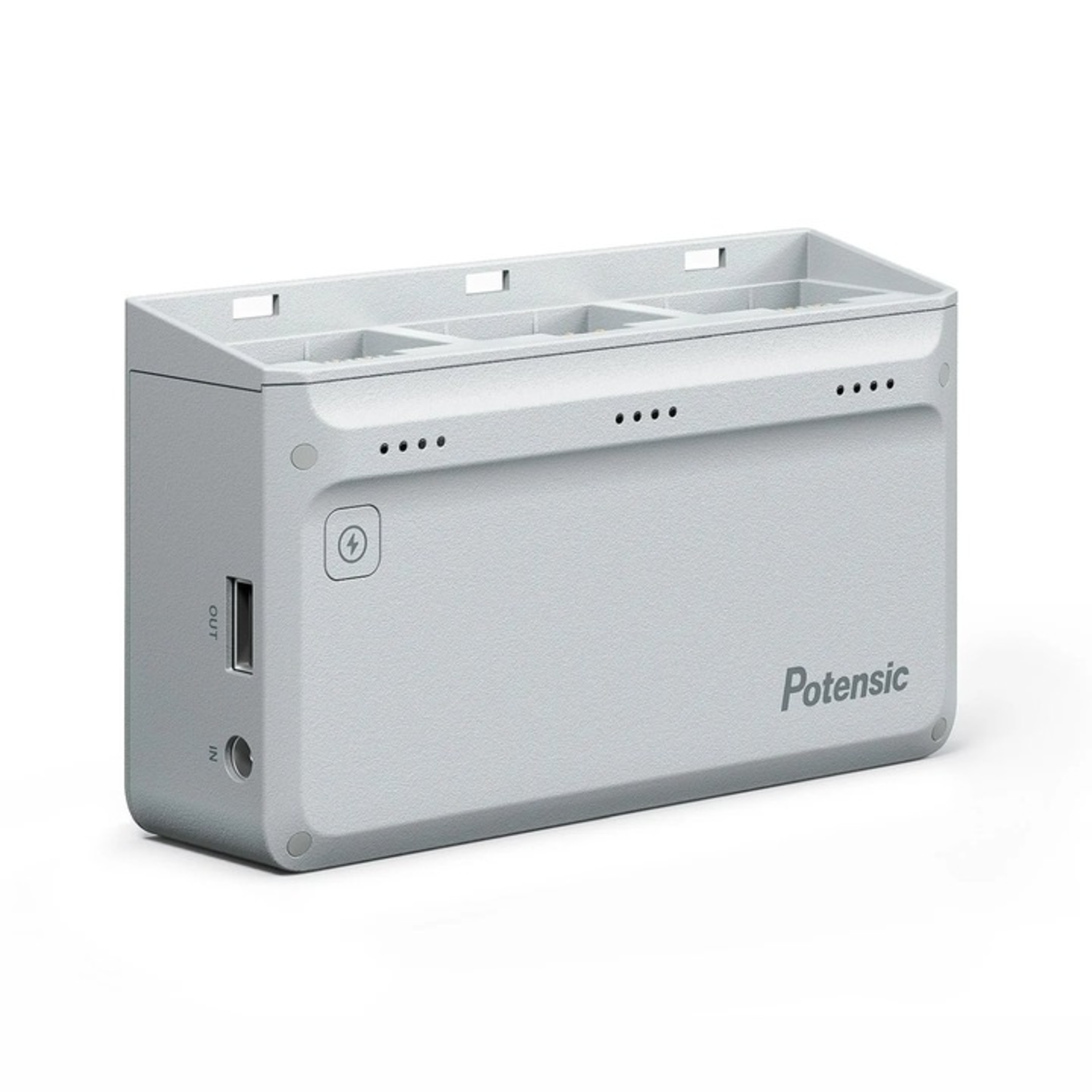 Grey Potensic drone charger with three charging slots, power button, and logo on white.