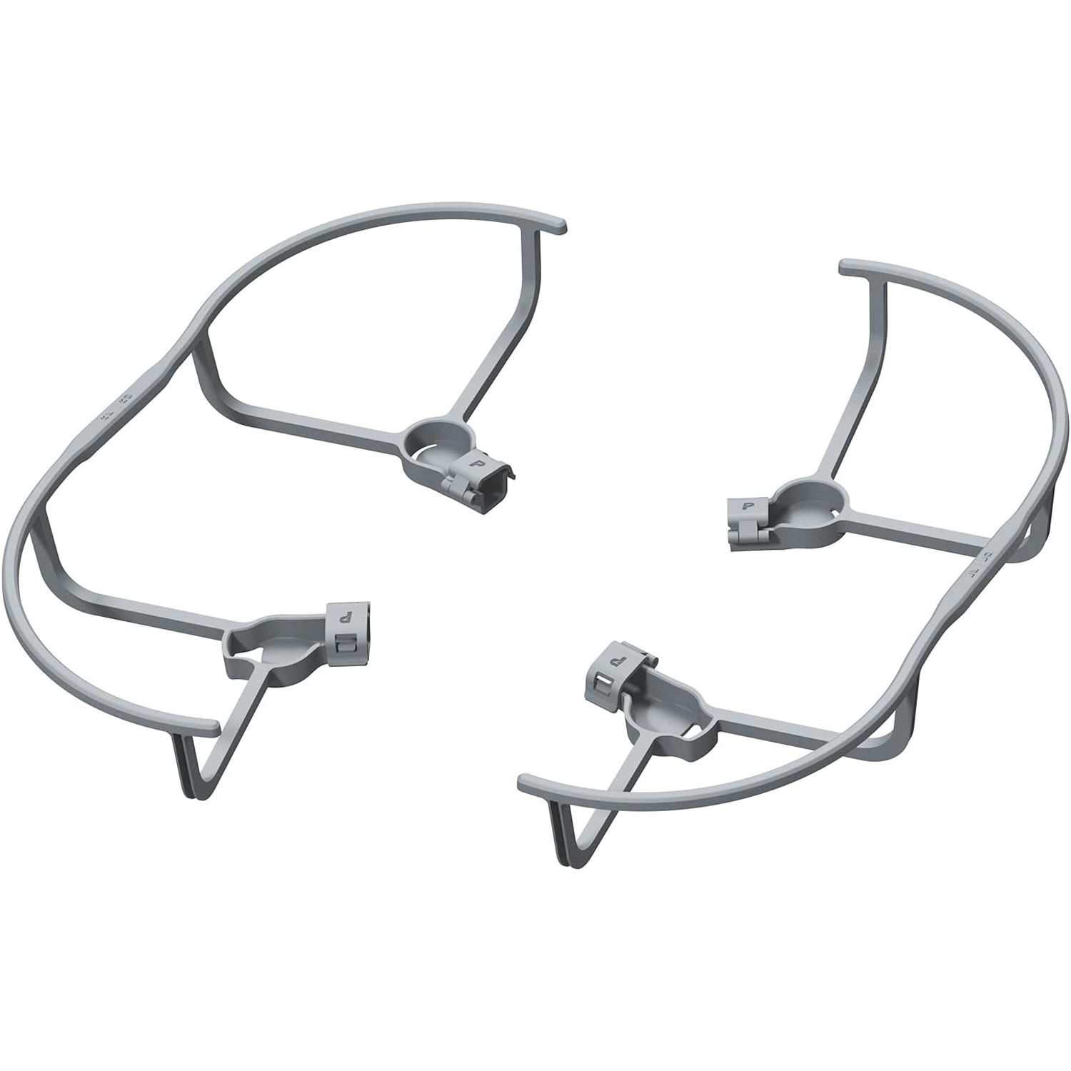 Twee grijze drone-propellerbeschermers op een witte achtergrond, iets schuin.