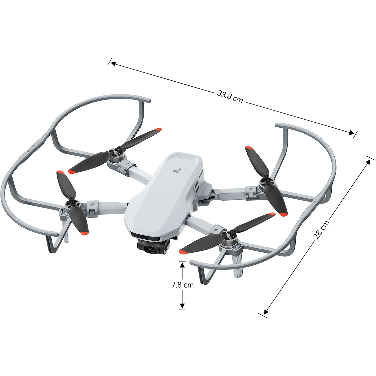Witte drone met afmetingen: 33,8 cm lang, 28 cm breed en 7,8 cm hoog.