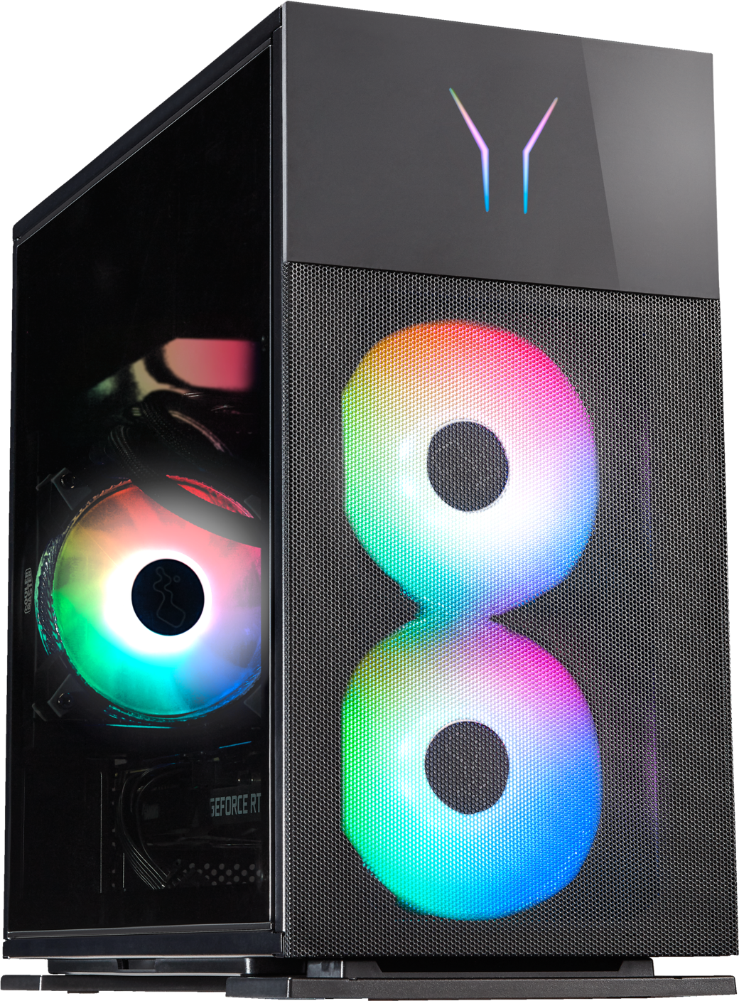 Case per computer nero con ventole RGB e pannello frontale a specchio, luci accese.