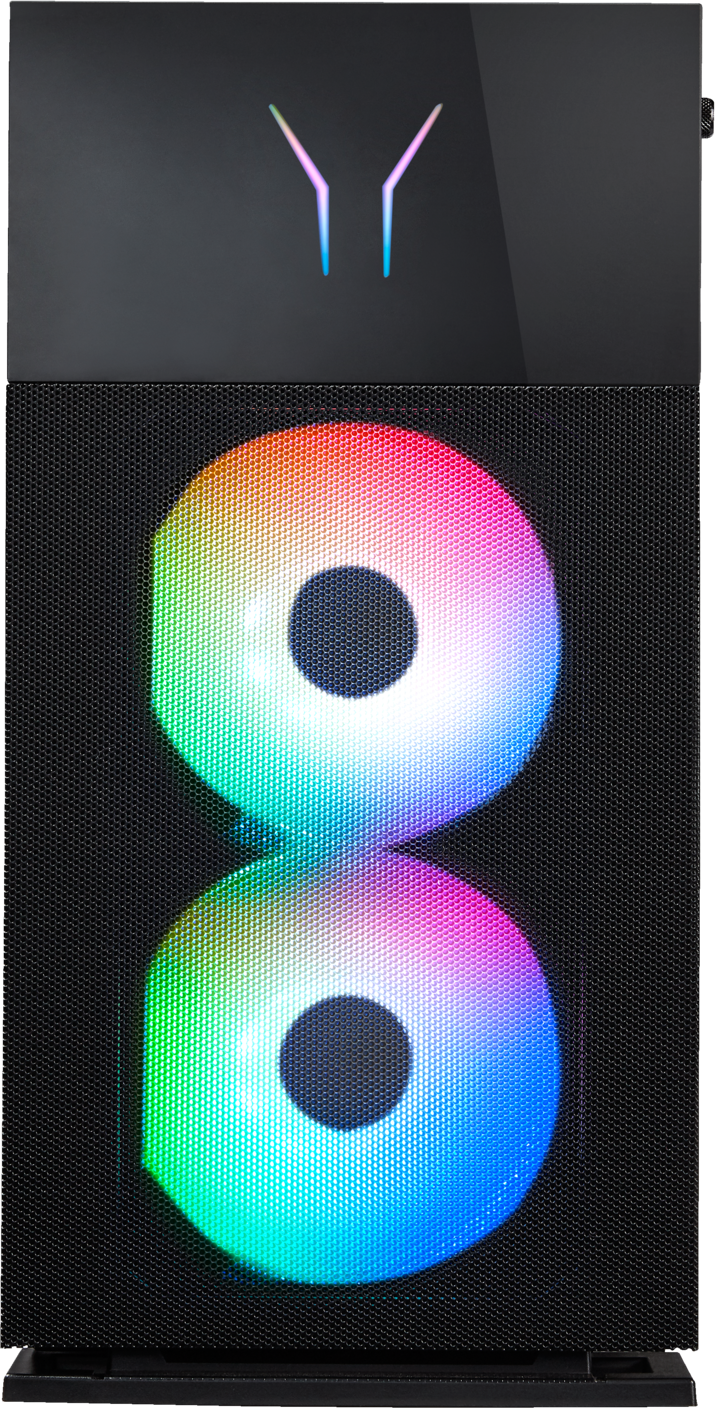 Case per computer nero con due ventole RGB, pannello frontale a specchio e luci logo superiori.