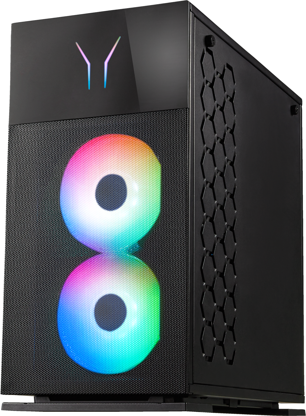 Case per computer nero con due ventole RGB, pannello frontale a specchio e dettagli del pannello laterale.