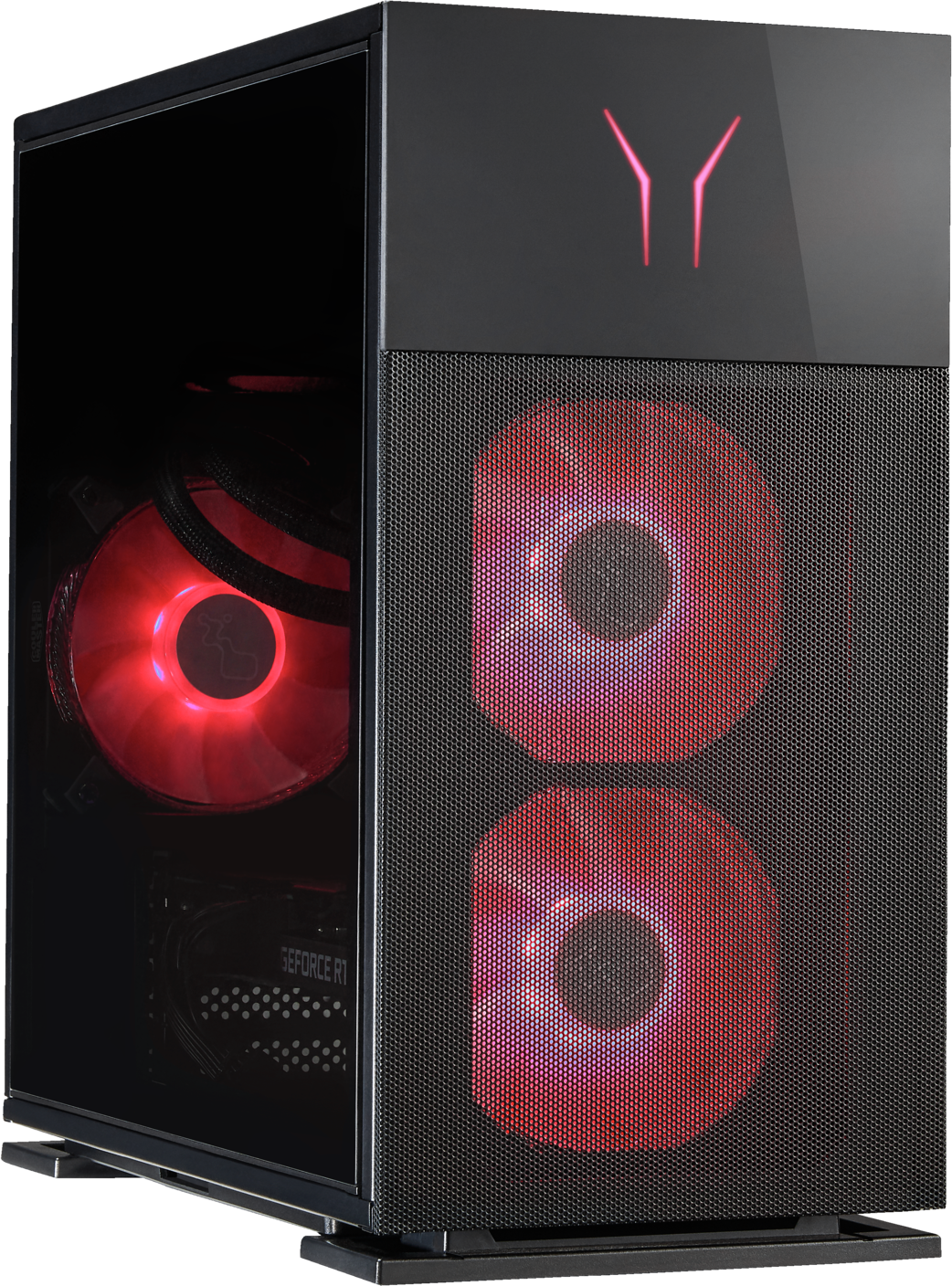 Case per computer nero con ventole RGB rosse e pannello frontale a specchio, luci accese.