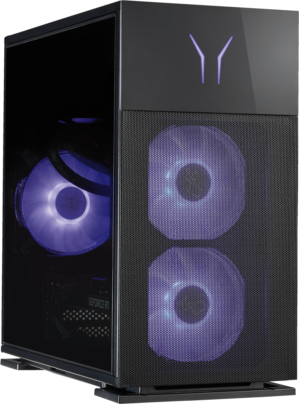 Case per computer nero con ventole RGB viola e pannello frontale a specchio, luci accese.