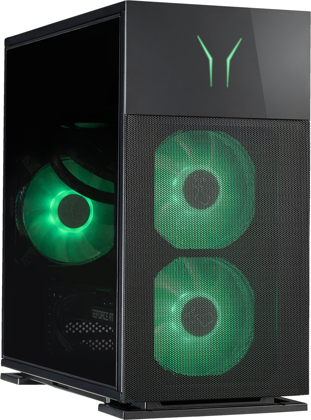 Case per computer nero con ventole RGB verdi e pannello frontale a specchio, luci accese.