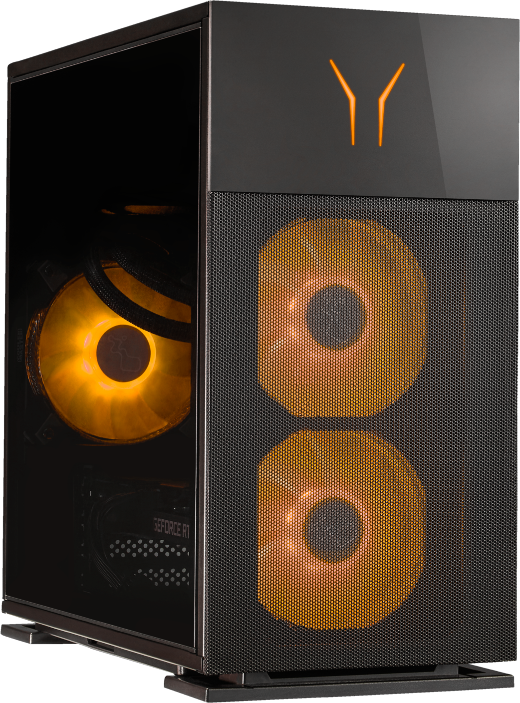 Case per computer nero con ventole RGB arancioni e pannello frontale a specchio, luci accese.