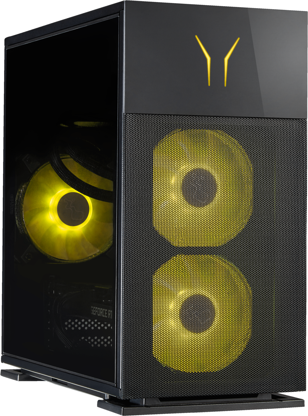 Case PC nero con ventole illuminate di giallo e pannello laterale in vetro, che mostra i componenti interni.