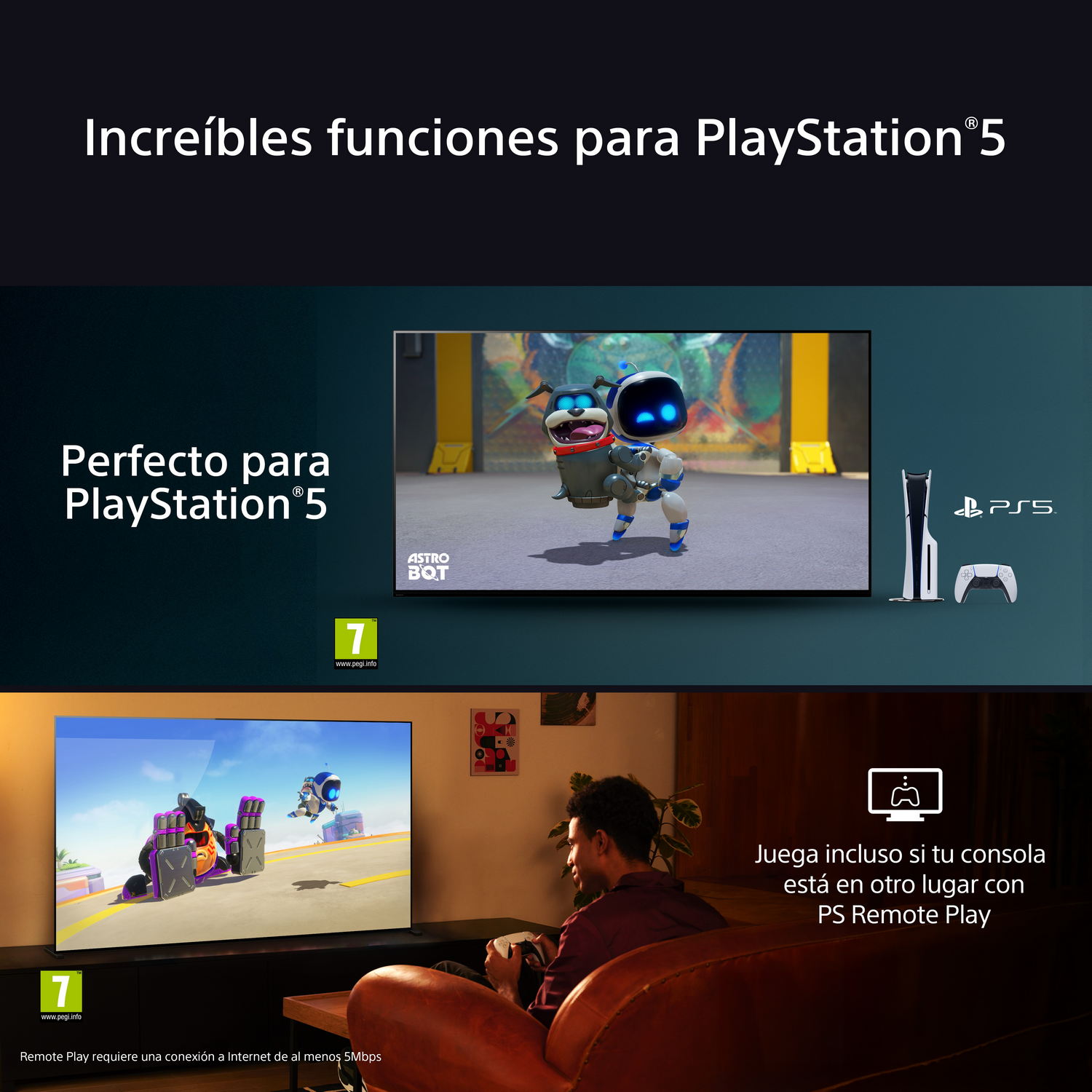 Hombre jugando con un mando y dos personajes del juego en la pantalla. Consola PlayStation 5.