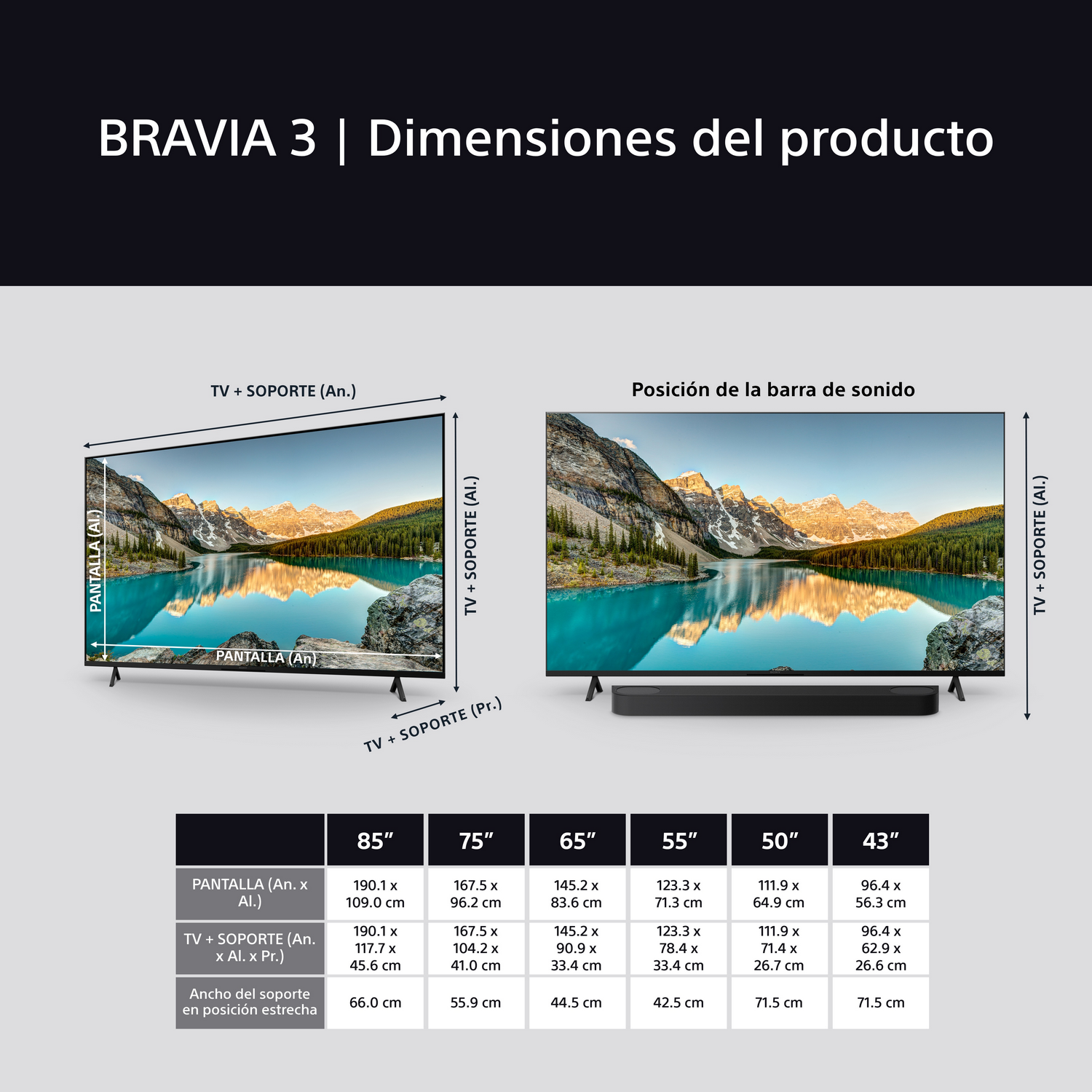 Diagrama que muestra las dimensiones del televisor, con medidas para diferentes tamaños de pantalla.
